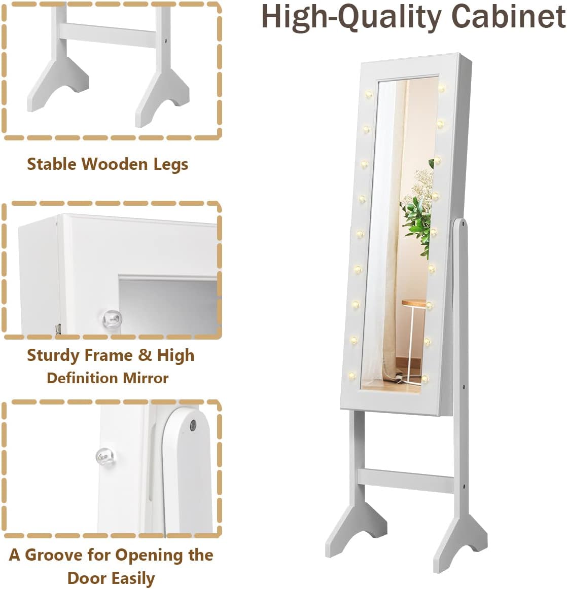 Giantex Standing Jewelry Armoire with 18 LED Lights Around the Door, Large Storage Mirrored Jewelry Cabinet with Full Length Mirror, 16 Lipstick Holders, 1 Inside Makeup Mirror (White)