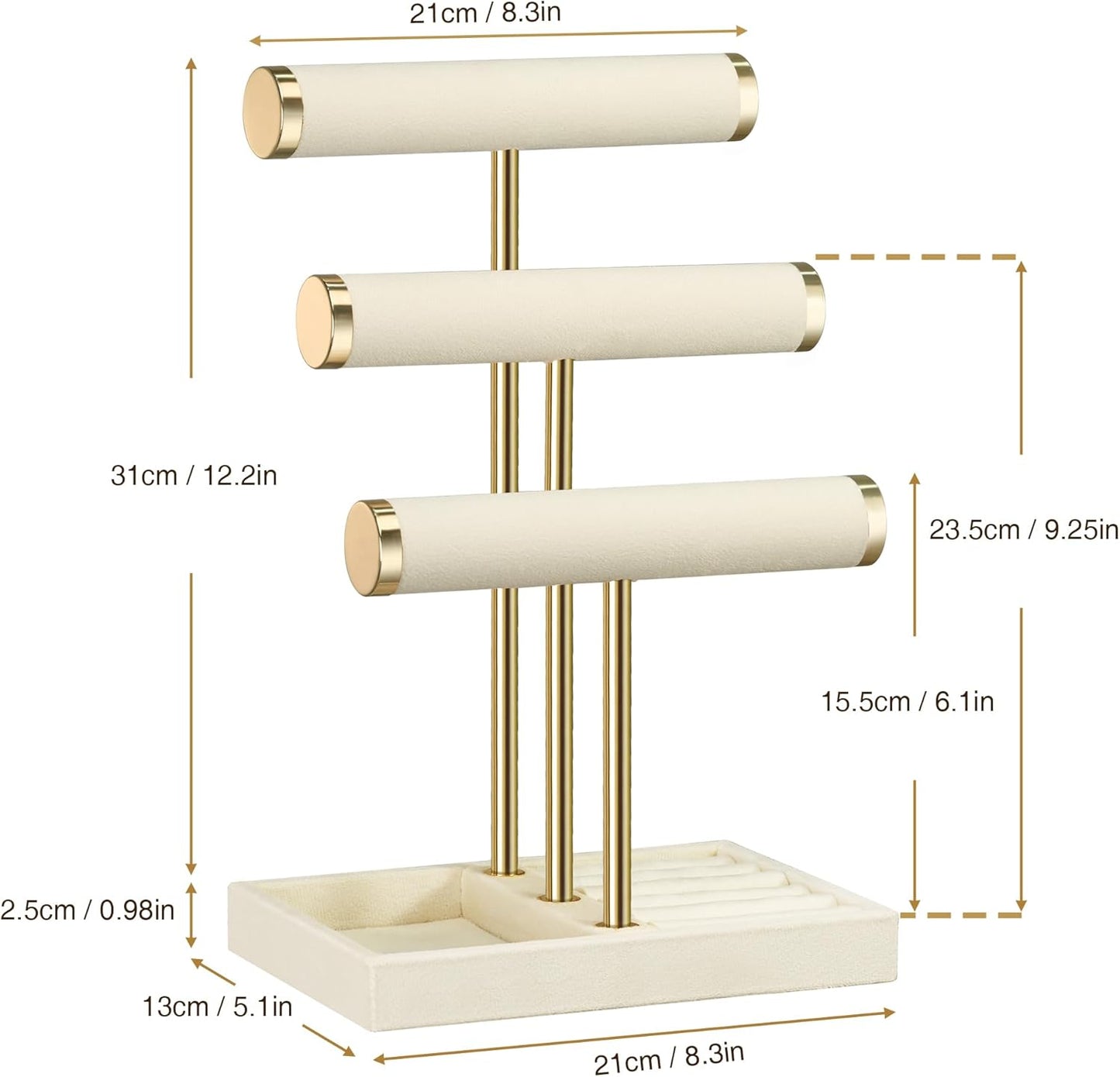 3 Tier Bracelet Holder Display - Detachable T Bar Beige Velvet Bracelet Holder, Jewelry Holder Organizer for Bracelet, Necklace, Watches, Rings