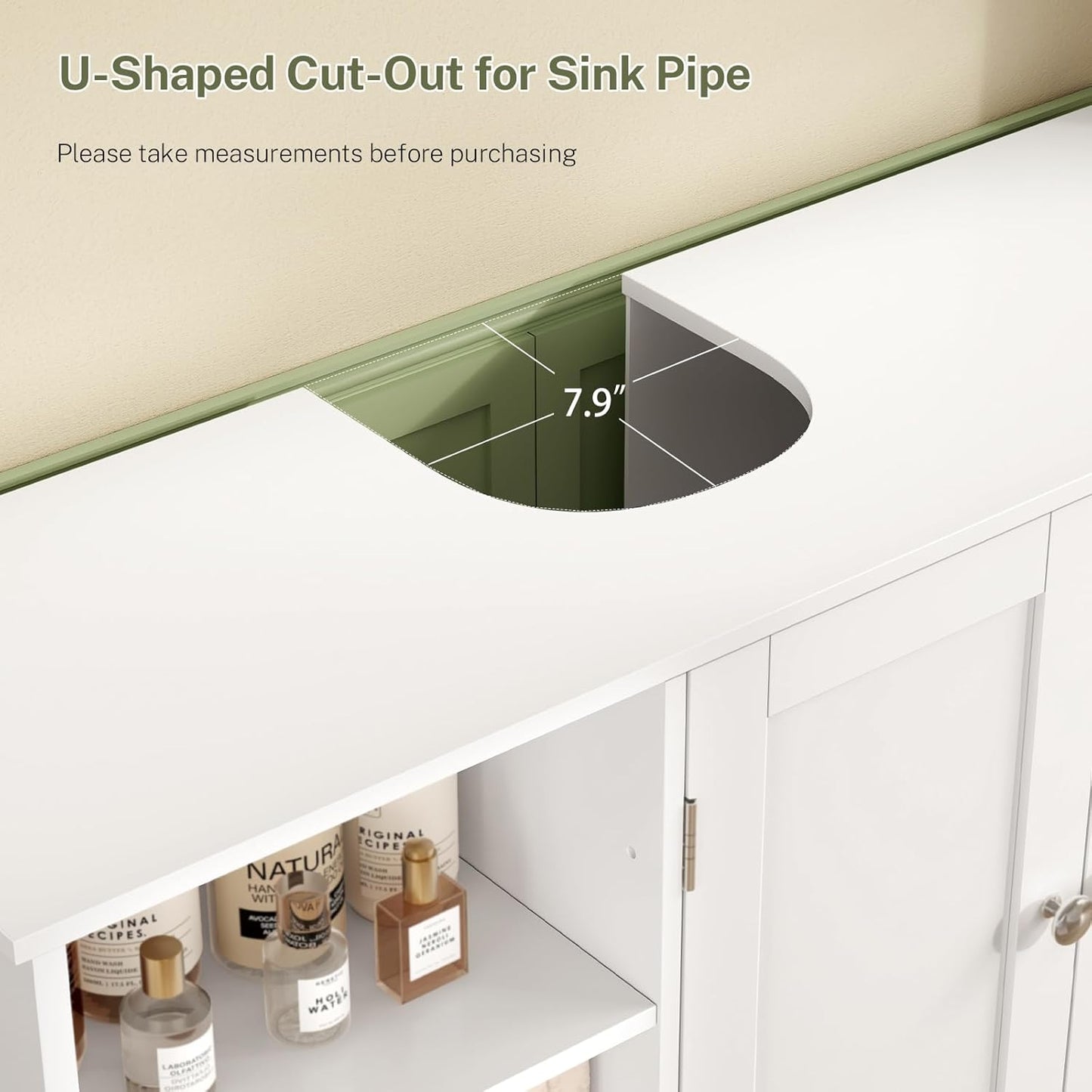 TEENFON 35.4" Pedestal Sink Storage Cabinet with 2 Doors and Adjustable Shelves, Bathroom Sink Cabinet, Under Sink Storage with U-Shape Cut-Out, White