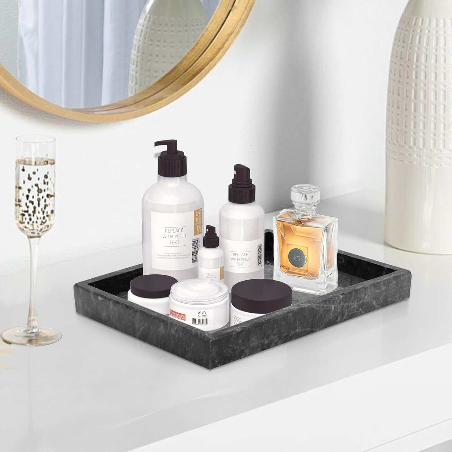 Marble Bathroom Tray,Pure Natural Vanity Tray,Marble Trays for Kitchen Counter Non-Ceramic/Non-Resin,Stone Tray 12 x 8 inch (Black) 