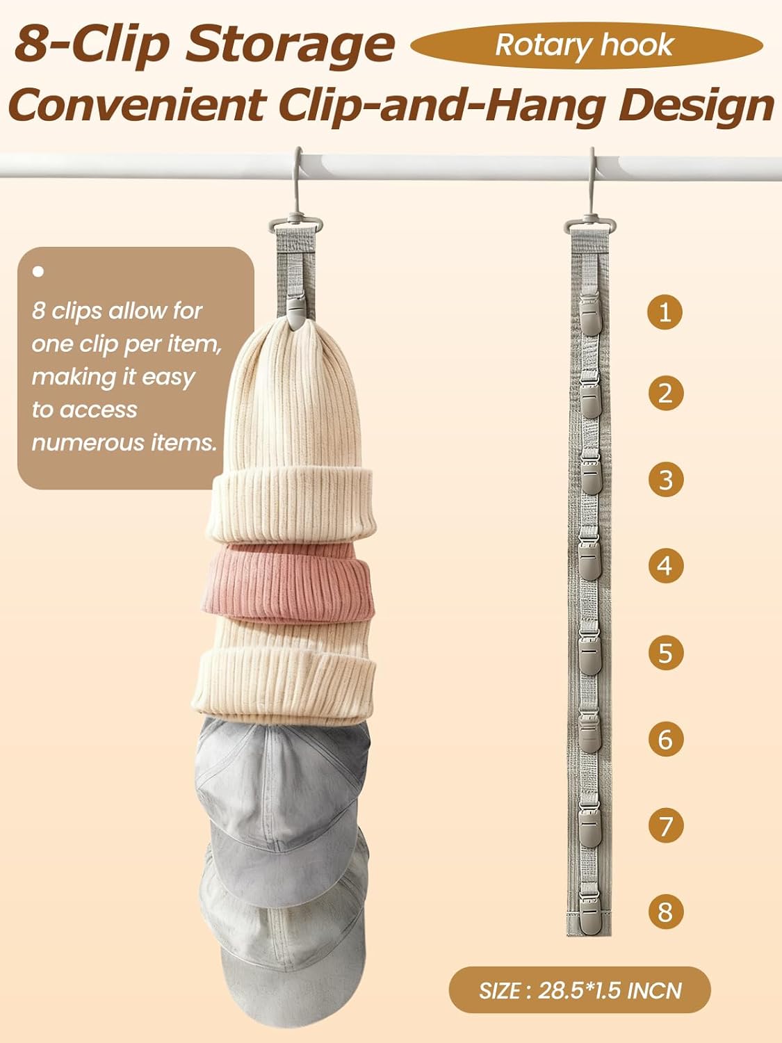 Over the Door Hat Rack - 8 Rotatable Clips Cap Organizer, Foldable Hanging Storage Holds Up to 8 Hats, Space-Saving for Baseball Caps, Closet, Bedroom, Door (Khaki,2-Pack)