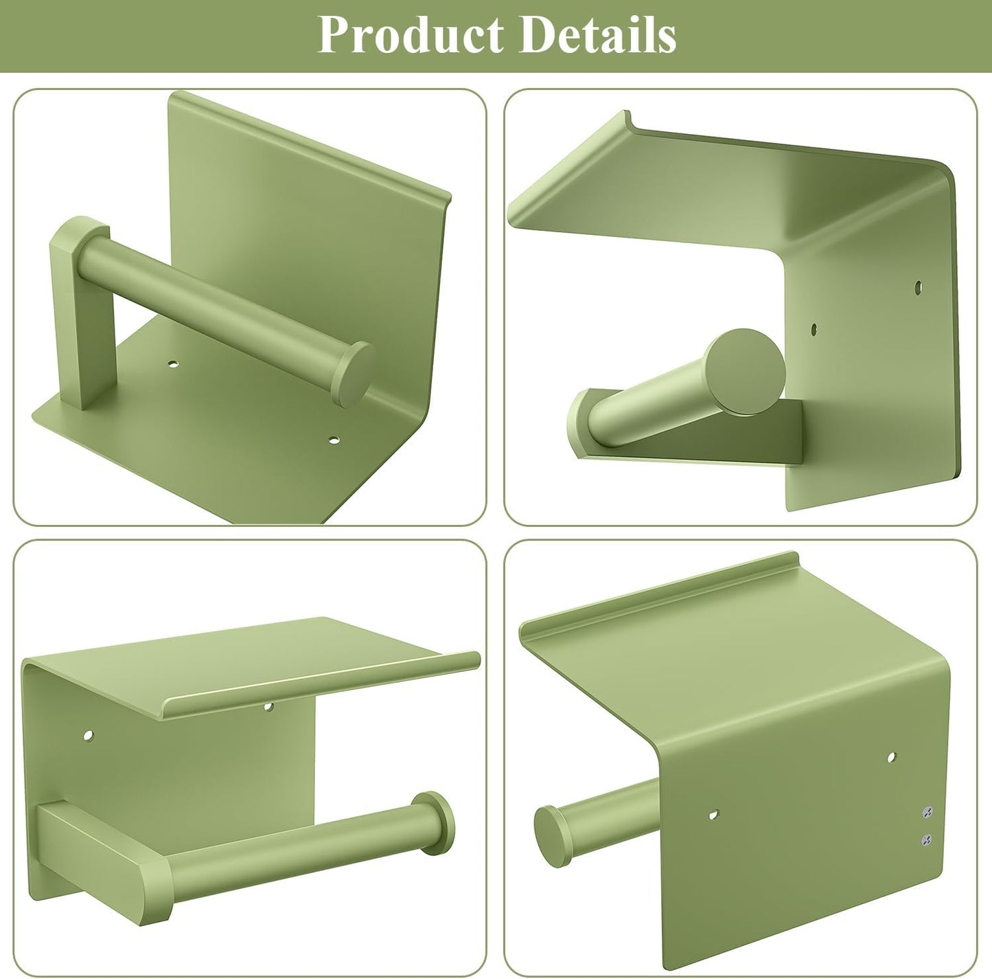 Tindbea Toilet Paper Holder with Shelf Adhesive or Screw Wall Mounted Toilet Paper Roll Dispenser Storage, Stainless Steel Bathroom Shelf Holder Accessories (Soft Sage Green)