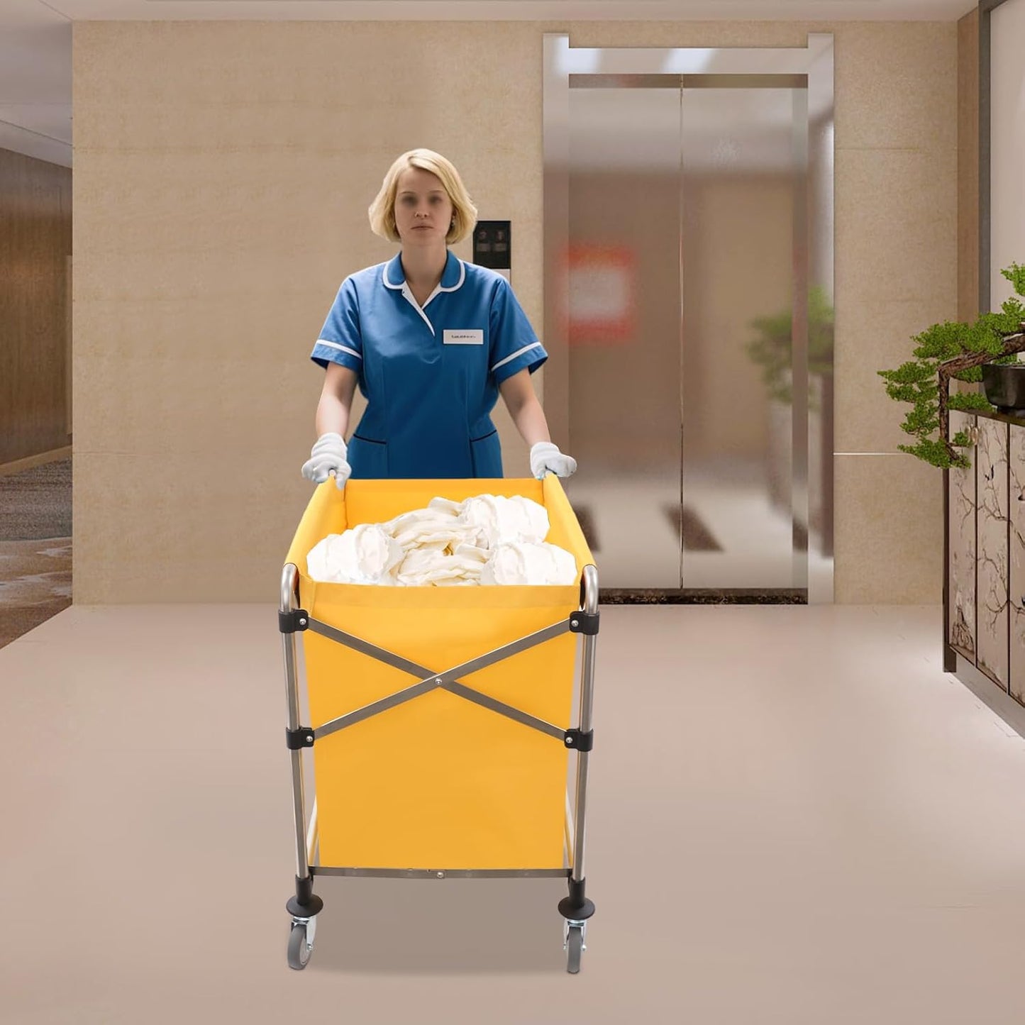 Commercial Laundry Cart with Wheels,Folding Laundry Hamper Cart,Heavy Duty Rolling Laundry Basket with Large Capacity,Laundry Sorter Trolley for Home Hotel Apartment (Yellow, 35.43 * 23.62 * 34.65in)
