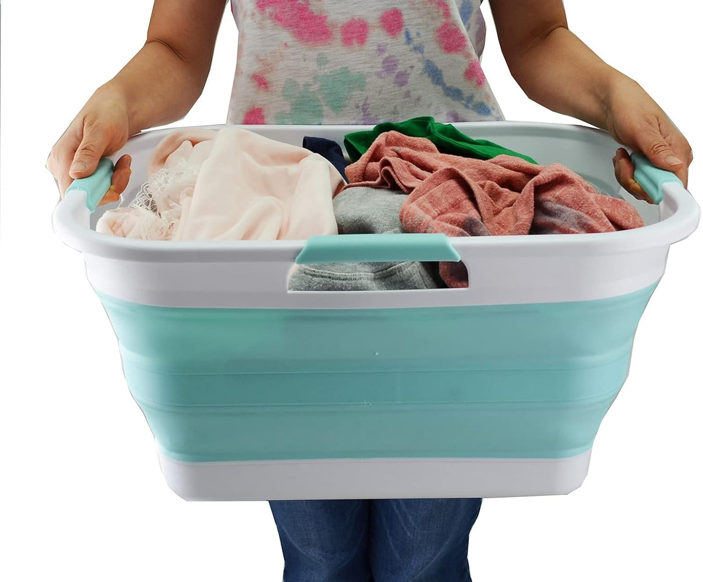 SAMMART 30L (8 gallon) Collapsible Plastic Laundry Basket - Foldable Pop Up Storage Container/Organizer - Portable Washing Tub - Water Capacity 24L(6.3 gallon) (1, White/Lake Green)
