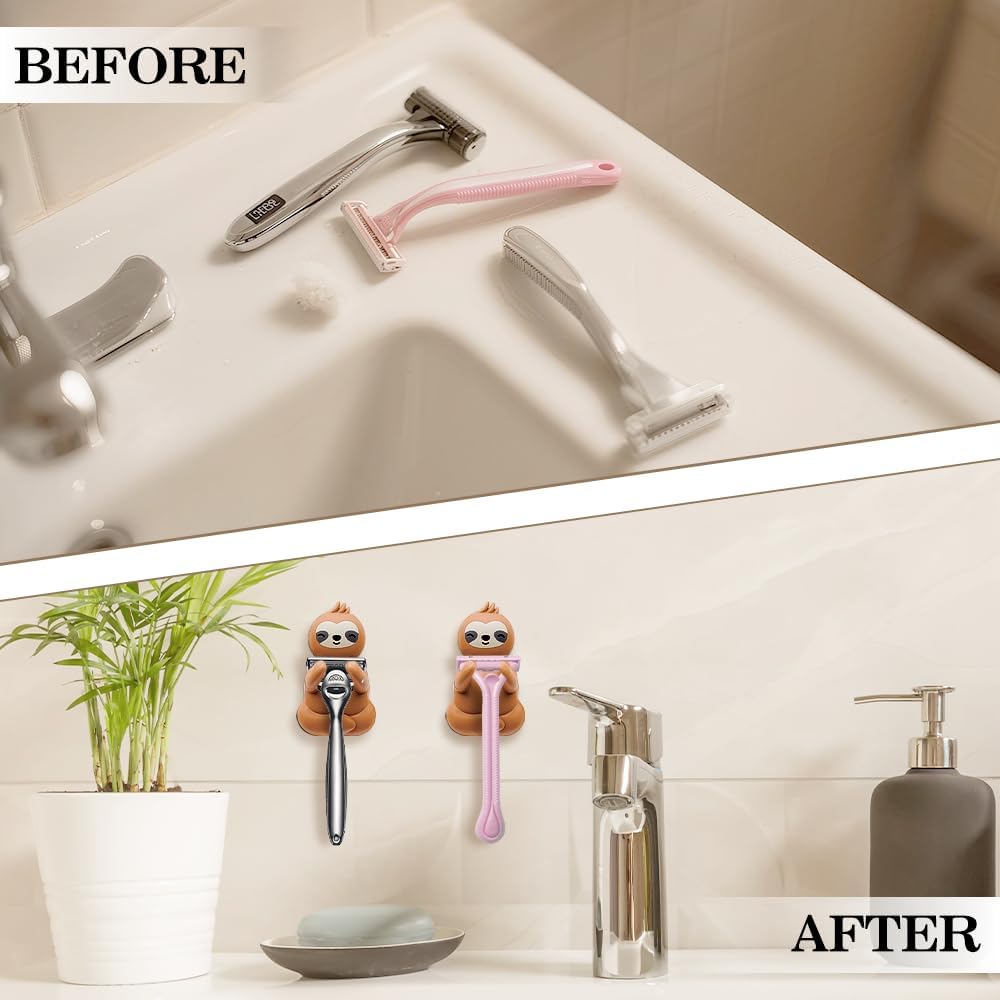 Cute Sloth Waterproof Self-Adhesive Shower Hook Set, Funny Sloth Razor Holder Bathroom Accessories for Men Women Sloth Lover, Sloth Lover Gifts for Women Men, Sloth Bathroom Decor