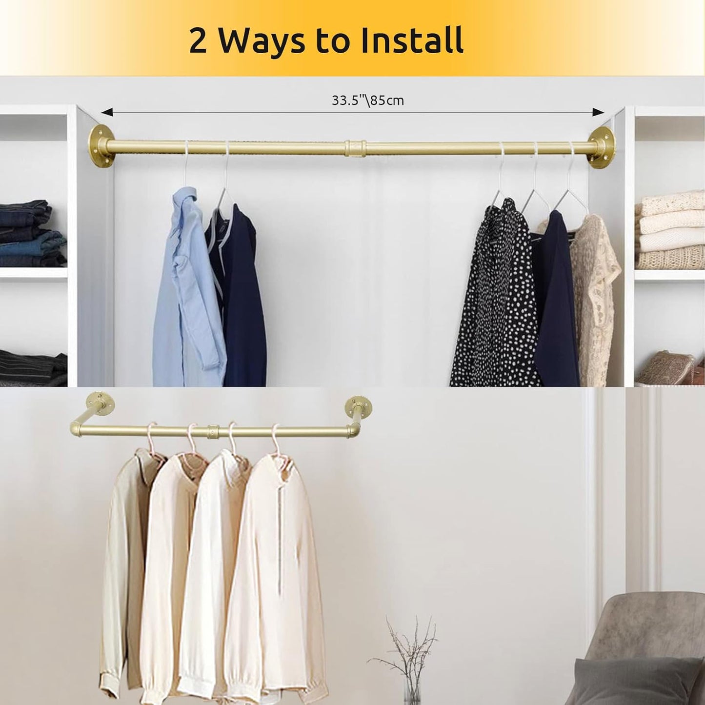 36 inch Gold Industrial Pipe Clothes Rack,Pipe Garment Rack Hanging Rod Bar for Closet Storage,Laundry Room Up to Max Load 135lbs
