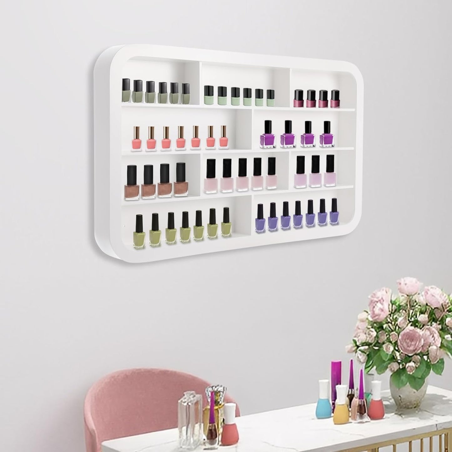 Wall Mounted Nail Polish Racks 4 Tier Hanging Nail Polish Storage Holder Cosmetic Display Stand Nail Polish Shelf Organizer for Home Salon Business Spa