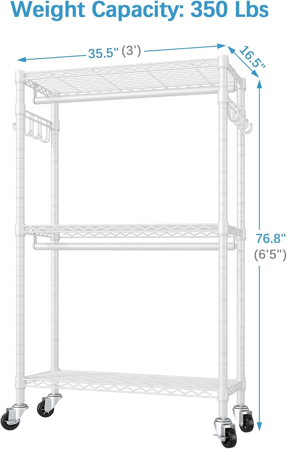 VIPEK R2 Heavy Duty Rolling Garment Rack 3 Tiers Adjustable Clothes Racks with Double Rods & Hooks, Freestanding Wardrobe Closet Storage Rack Metal Clothing Racks for Hanging Clothes, White