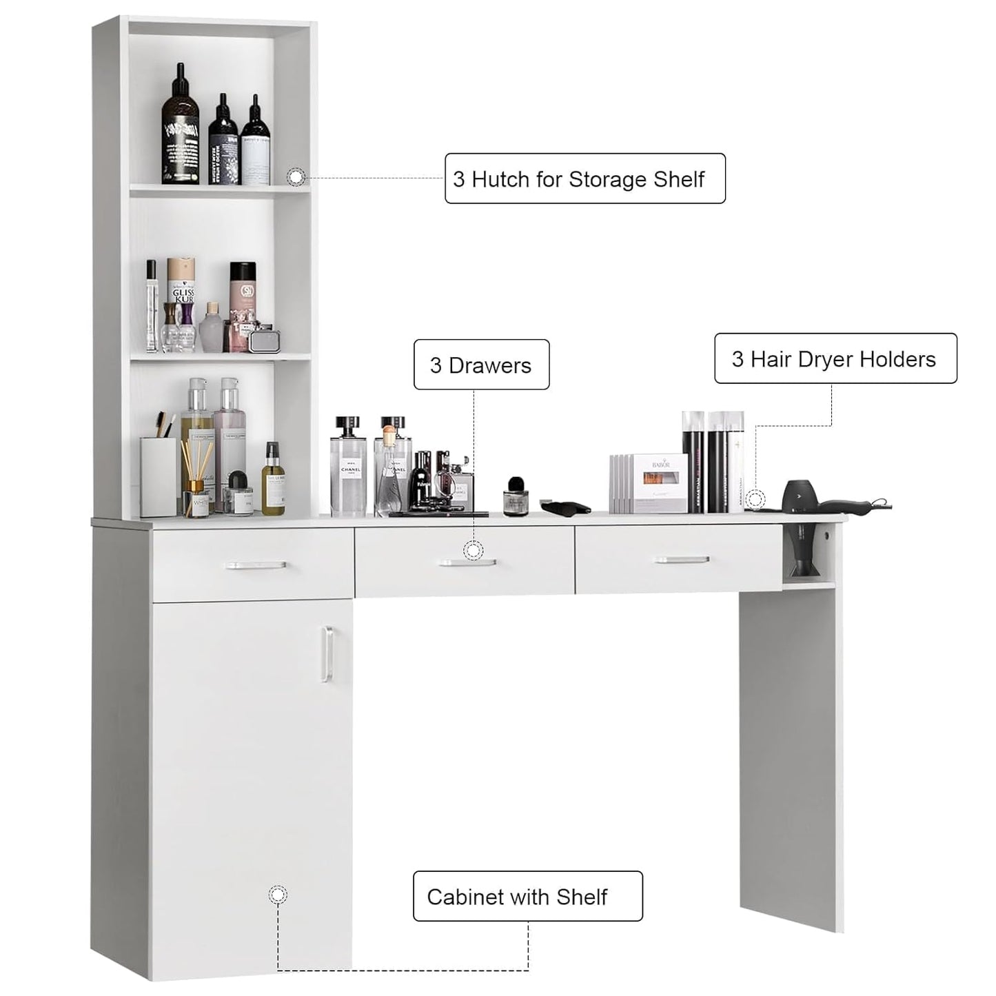 4ever2buy Hair Salon Station for Hair Stylist, Salon Wall Station with Barber Cabinet, Barber Stations Equipment Hair Dryer Holder, Drawers (White)