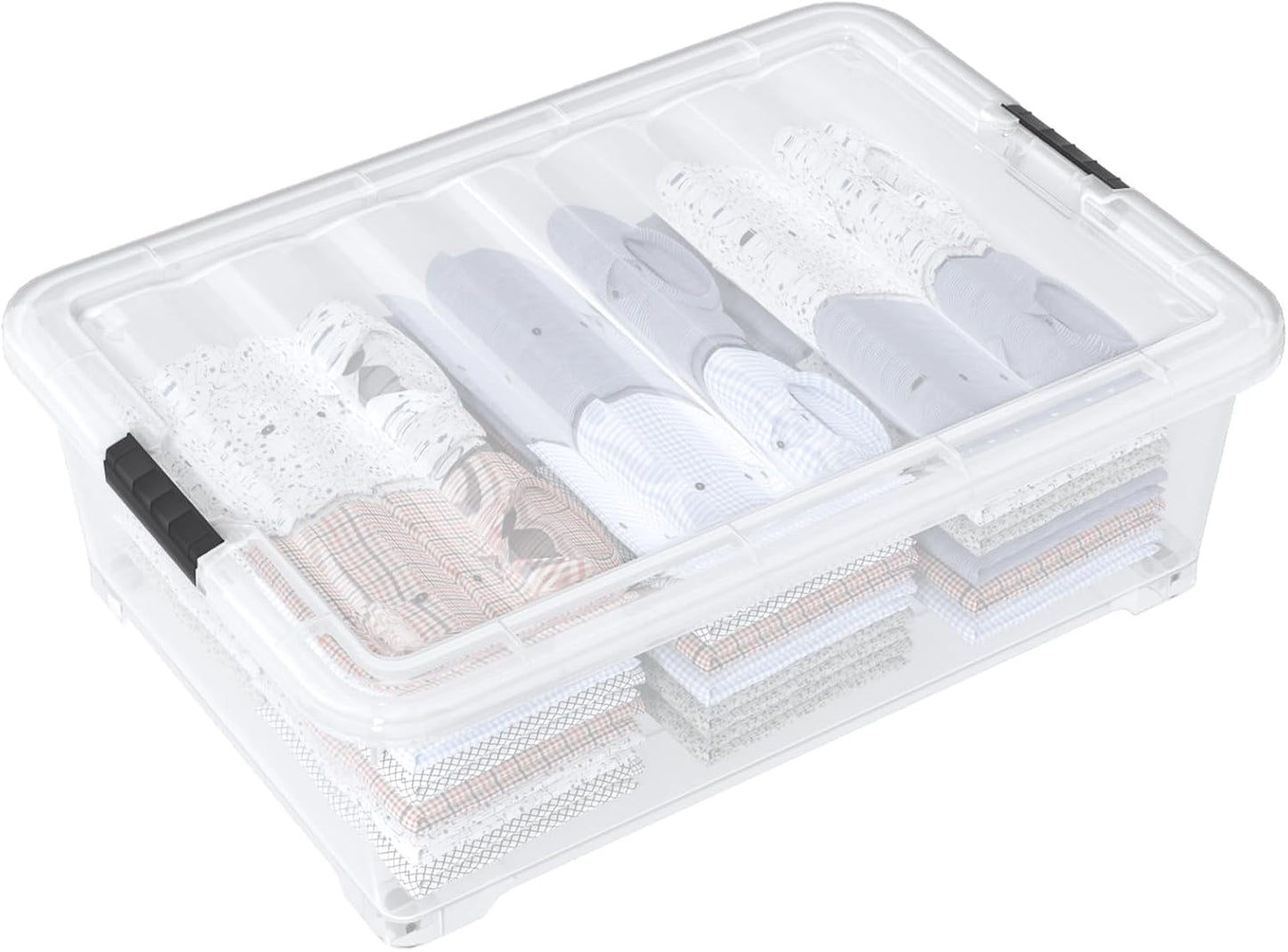 50 Quart Rolling Under Bed Storage Containers, 4-Pack 7.5 Inches Tall Low Profile Underbed Clothes Storage Organizer Bin with Sturdy Wheels, Clear