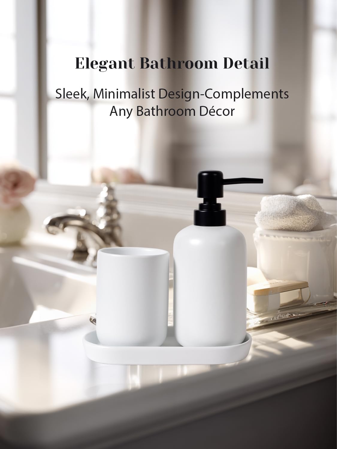 INGOFIN 3 Pcs Ceramic Bathroom Accessory Set - Liquid Soap Dispenser, Toothbrush Holder & Tray, Bathroom Counter Set, Countertop Essentials for Home, Guest Bathroom, or Office Use, White