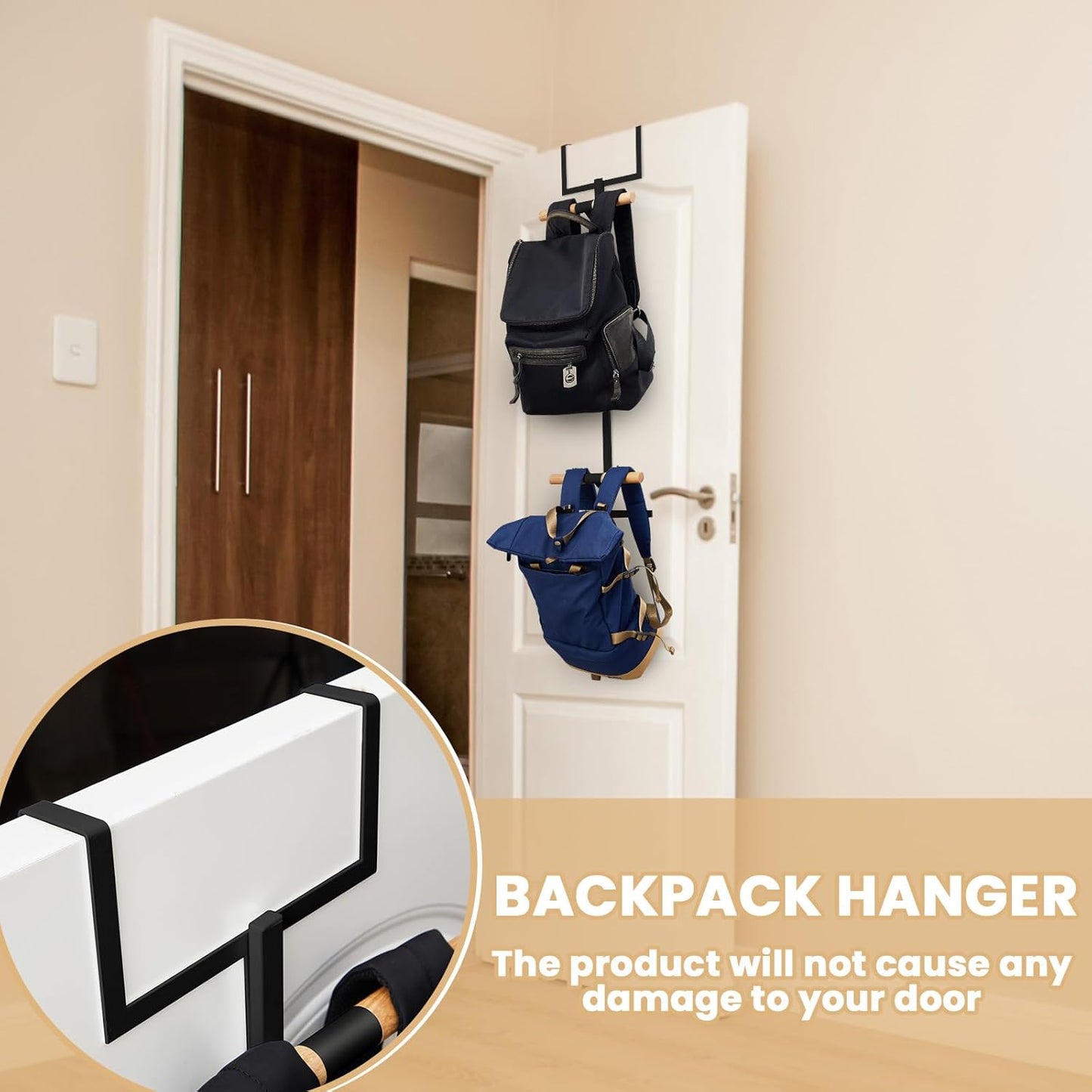 Over The Door Backpack Hanger, Backpack Hanger for Closet, Two Tiered Metal Storage Rack Backpacks Hooks, Heavy Duty Hook Storage for Schoolbag, Easy Installation(Black,1)
