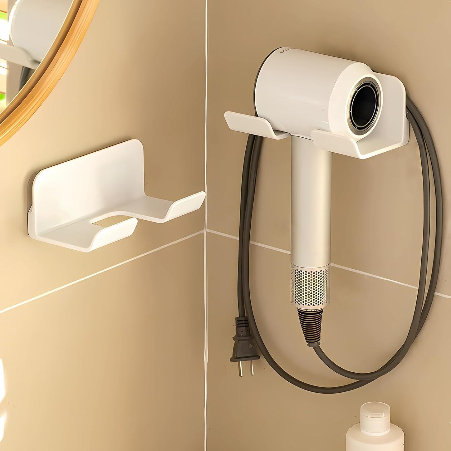 Universal Hair Dryer Holder, Self Adhesive Wall Mount Stand for Most Brand/Size Hair Blow Dryer Hair Dryer Organizer Rack with Plug&Wire Hook for Bathroom
