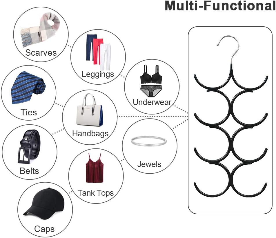 Yizhi Scarf Hanger Organizer Holder, No Snag Belt Rack Tie Hanger Sturdy 8 Hook Space Saving Closet Accessory Organizer for Scarves, Ties, Belts, Shawls, Pashminas and Jewelry (1, Black)