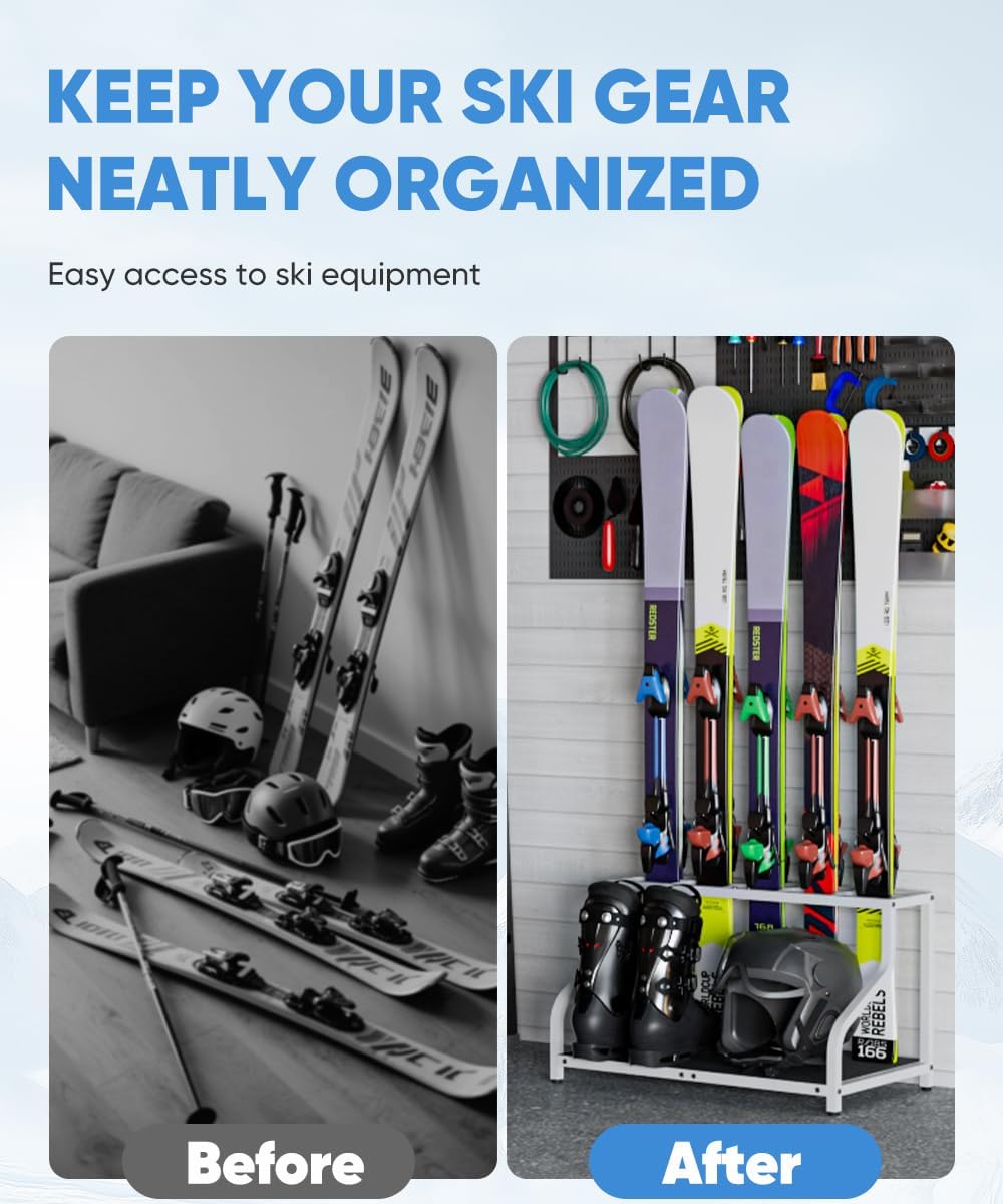 Ski Storage Rack for Garage — Freestanding Ski Holder for 5 Pair Skis, Helmet, Goggles, gloves, Indoor Snowboard Rack Organizer Stand for Home, Shed, Basement, White