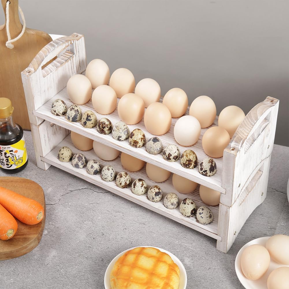 Wooden Egg Holder 2 Layer Fresh Egg Rack Holders Countertop Stackable Quail Egg Sorter Storage Trays Organizer Display Stand Kitchen Rack, Fits Duck, Turkey, Chicken Eggs,up to 36 Eggs, 2 Tier-White