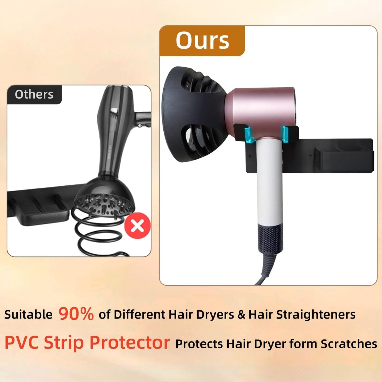Hair Dryer and Straightener Holder, Upgraded Hair Straightener Holder with Cable Hook, Stainless Steel Universal Hairdryer Holder Wall Mounted Waterproof for Bathroom Space-Saving Black PTALSEAW