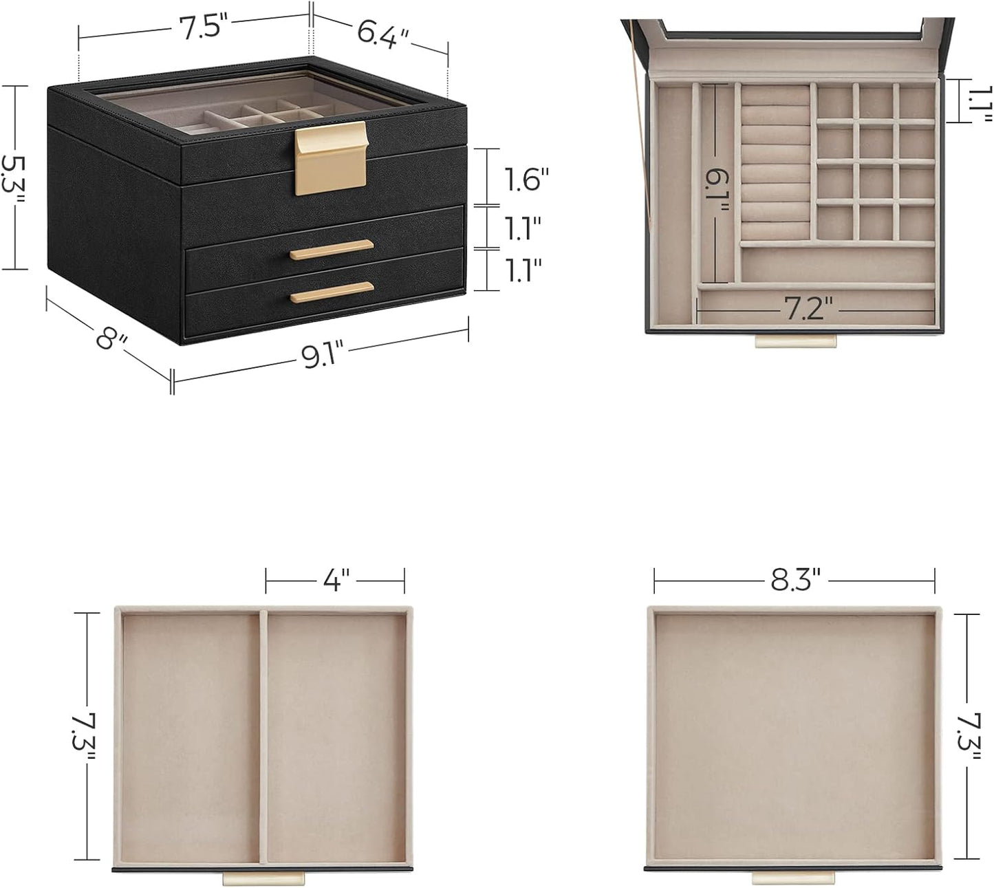 SONGMICS Jewelry Box Organizer with Glass Lid, 3-Layer Jewelry Storage, with 2 Drawers, Modern Style, Christmas Gift, 8 x 9.1 x 5.3 Inches, Graphite Black and Gold Color UJBC239B03