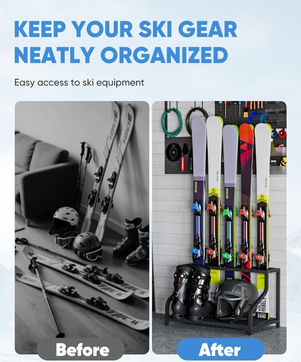 Ski Storage Rack for Garage — Freestanding Ski Holder for 5 Pair Skis, Helmet, Goggles, gloves, Indoor Snowboard Rack Organizer Stand for Home, Shed, Basement, Black