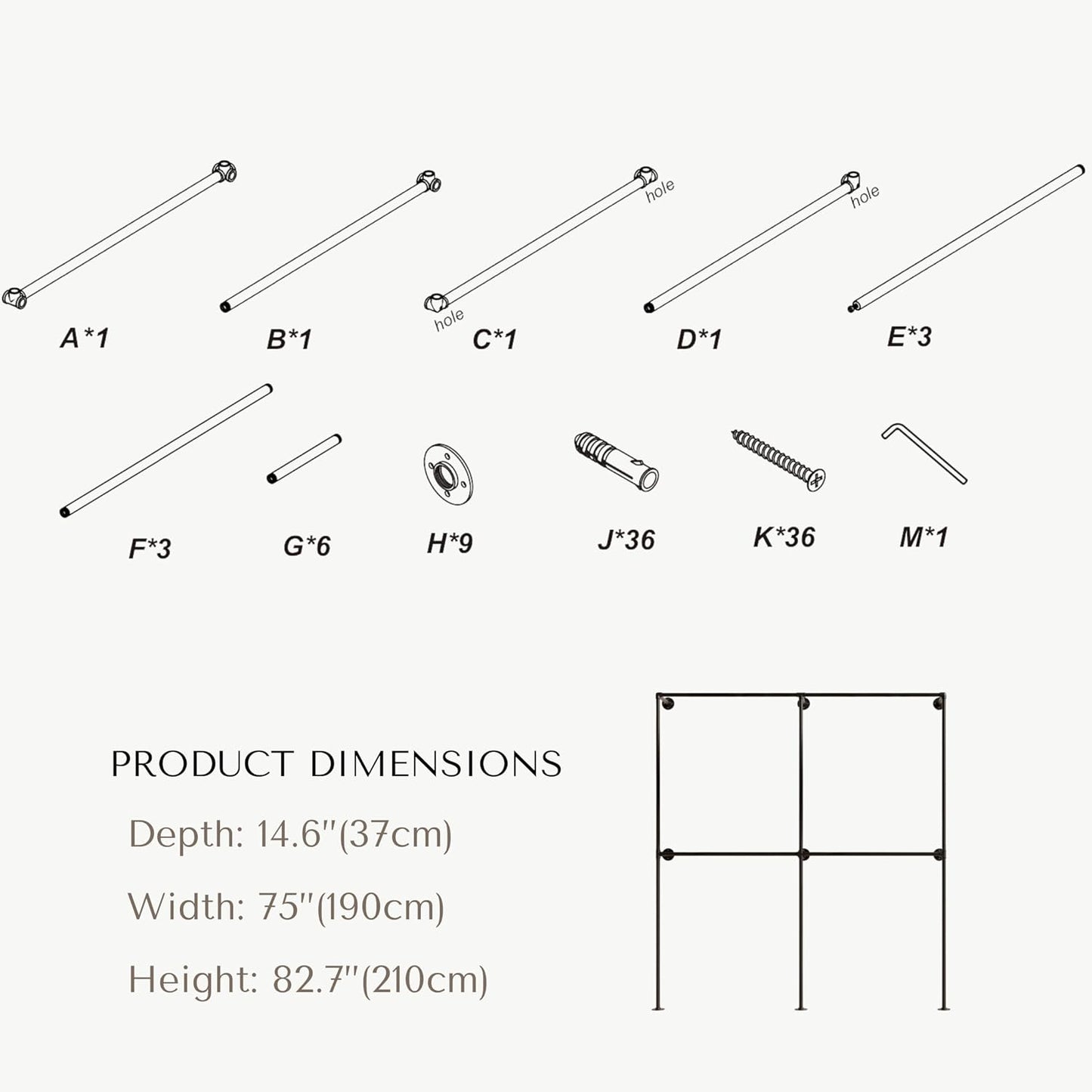 Industrial Pipe Clothing Rack, Heavy Duty Wall Mounted Clothes Rack, Retail Display Hanging Garment Rod for Laundry Rooms, Closet Storage, 14.6x75x82.7 Inches, Model K03