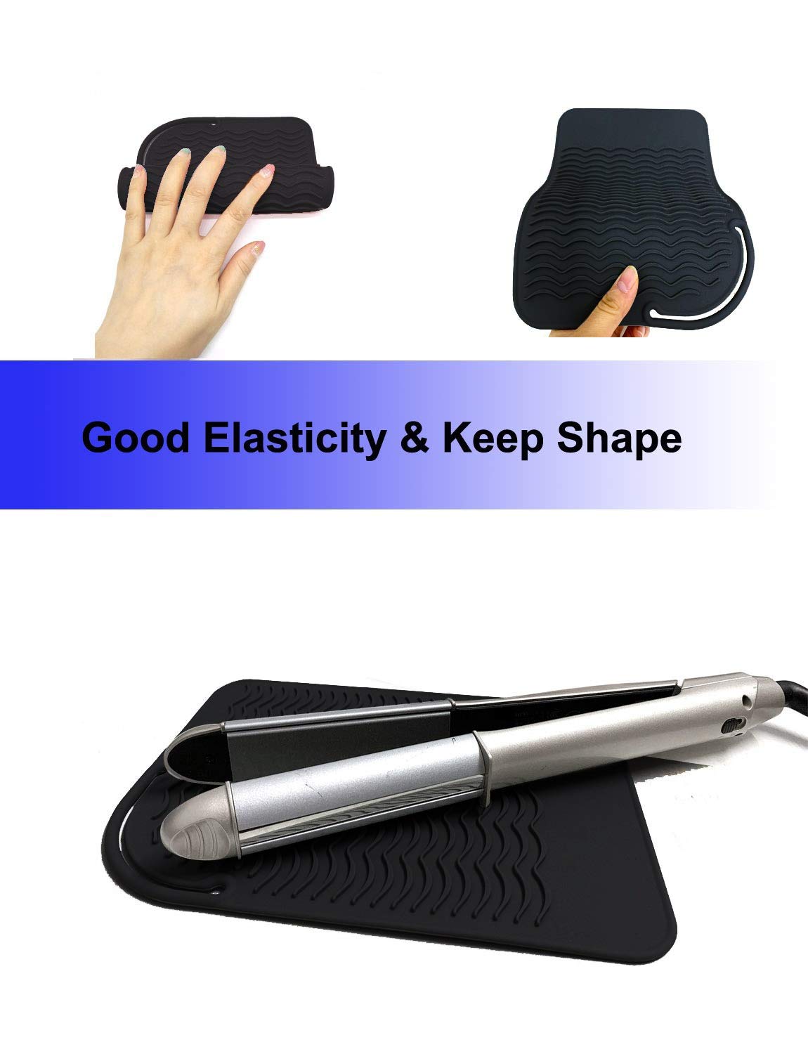 Heat Resistant Silicone Glove and Mat Set for Curling Iron, Hair Straightener, Flat Irons - 9" x 6.5" Food Grade Silicone Mat, Black