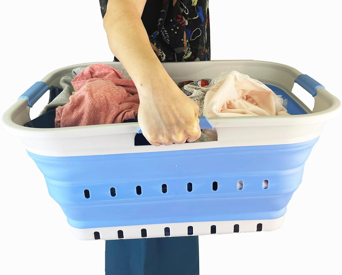 SAMMART 42L (11 gallon) Collapsible Plastic Laundry Basket - Foldable Pop Up Storage Container/Organizer - Space Saving Hamper/Basket (Grey/Little Boy Blue)