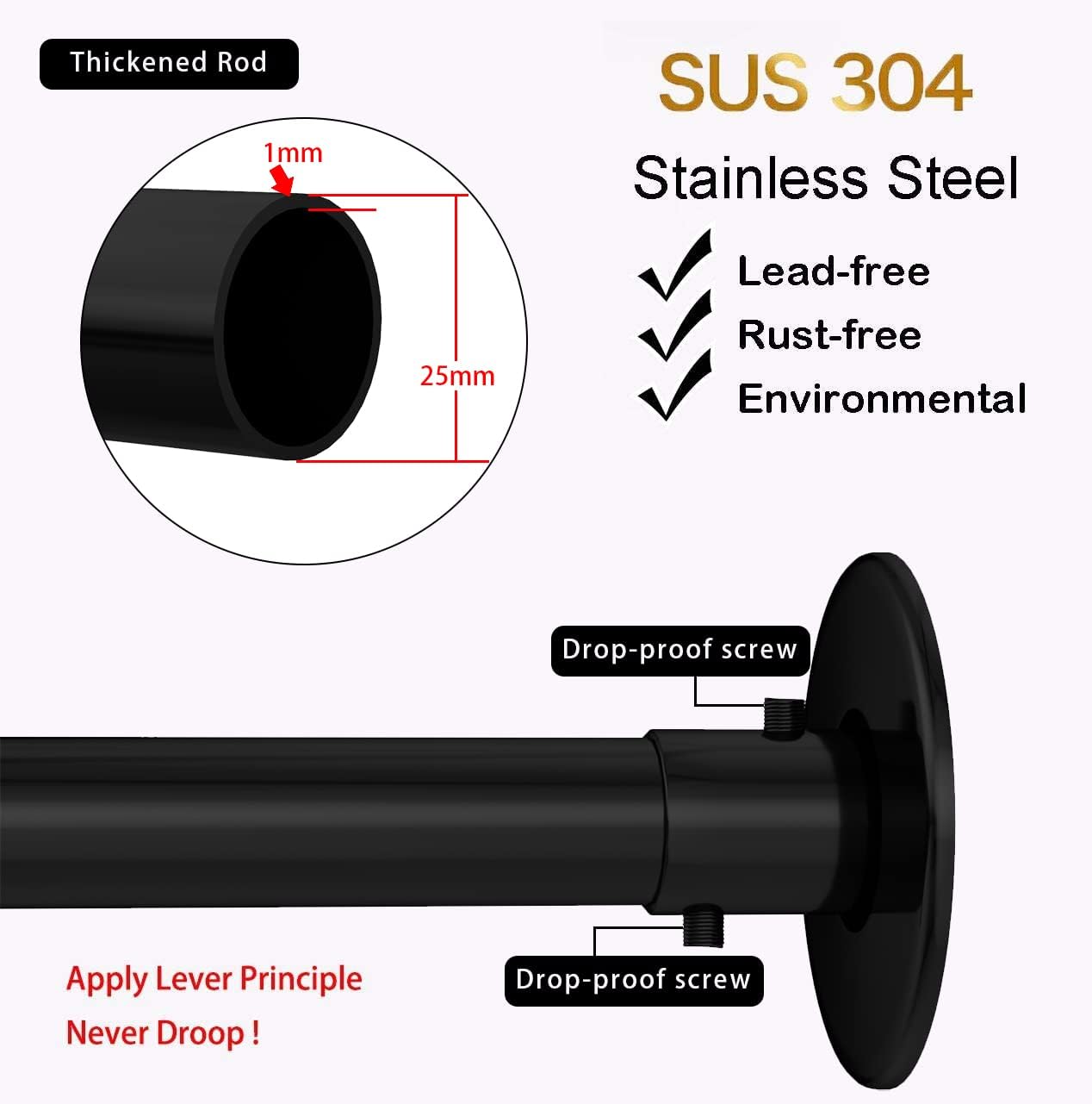 Adjustable Corner Shower Curtain Rod L Shaped Black Stretchable 304 Stainless 27"- 39"X47"- 65" Drill Free Install for Corner Bathtub with Free Hooks
