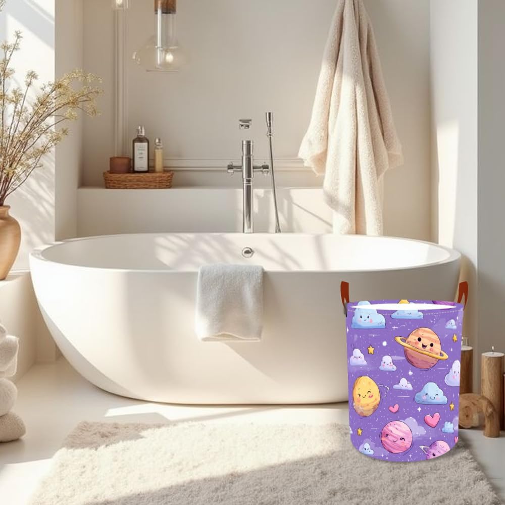 Laundry Baskets 15.7x19.7 Inch Large Cartoon Planets Clouds Design Collapsible Laundry Hamper with Handles Oxford Fabric Clothes Storage Bin Foldable Dirty Clothes Organizer for Bedroom Bathroom Dorm