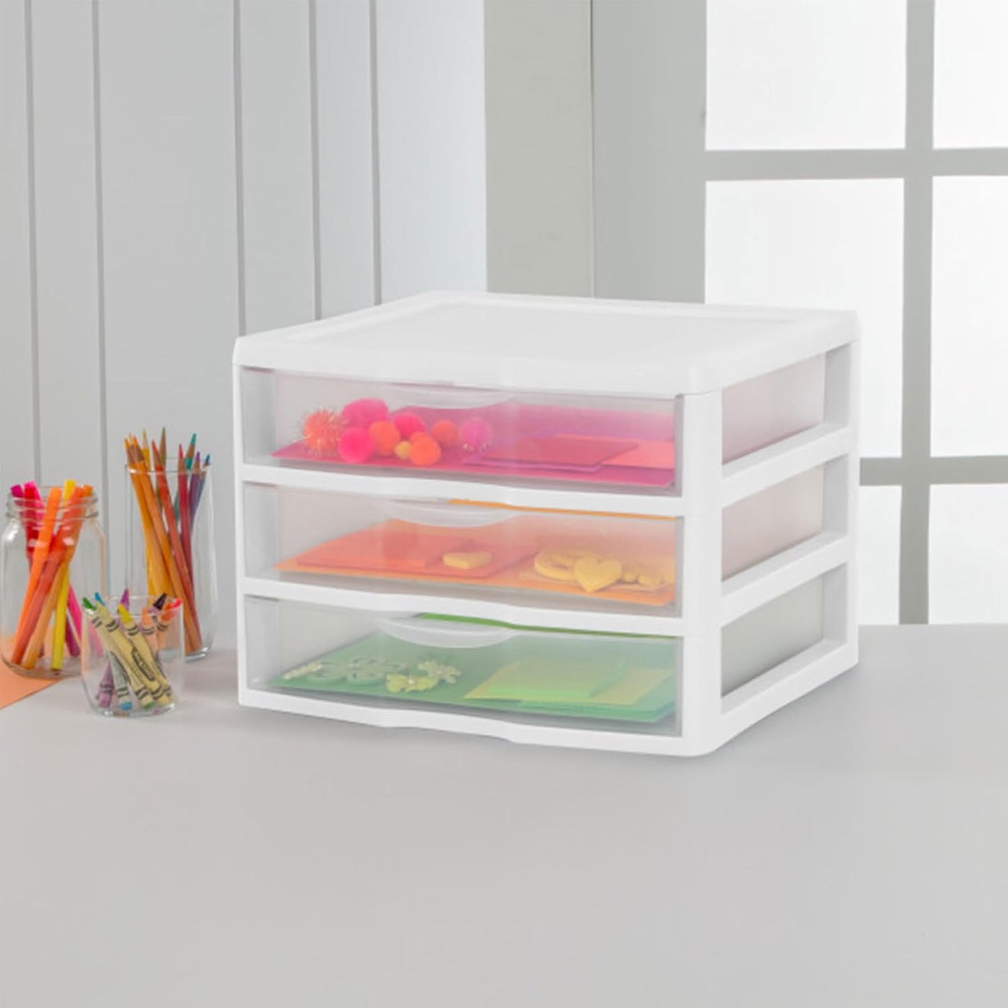 Sterilite 6-Pack Wide 3 Drawer Unit, Plastic Desktop Organizer with Clear Drawers, White Frame - Stackable Multi-Purpose Storage for Office Supplies, Craft Rooms, Classrooms and Home Organization