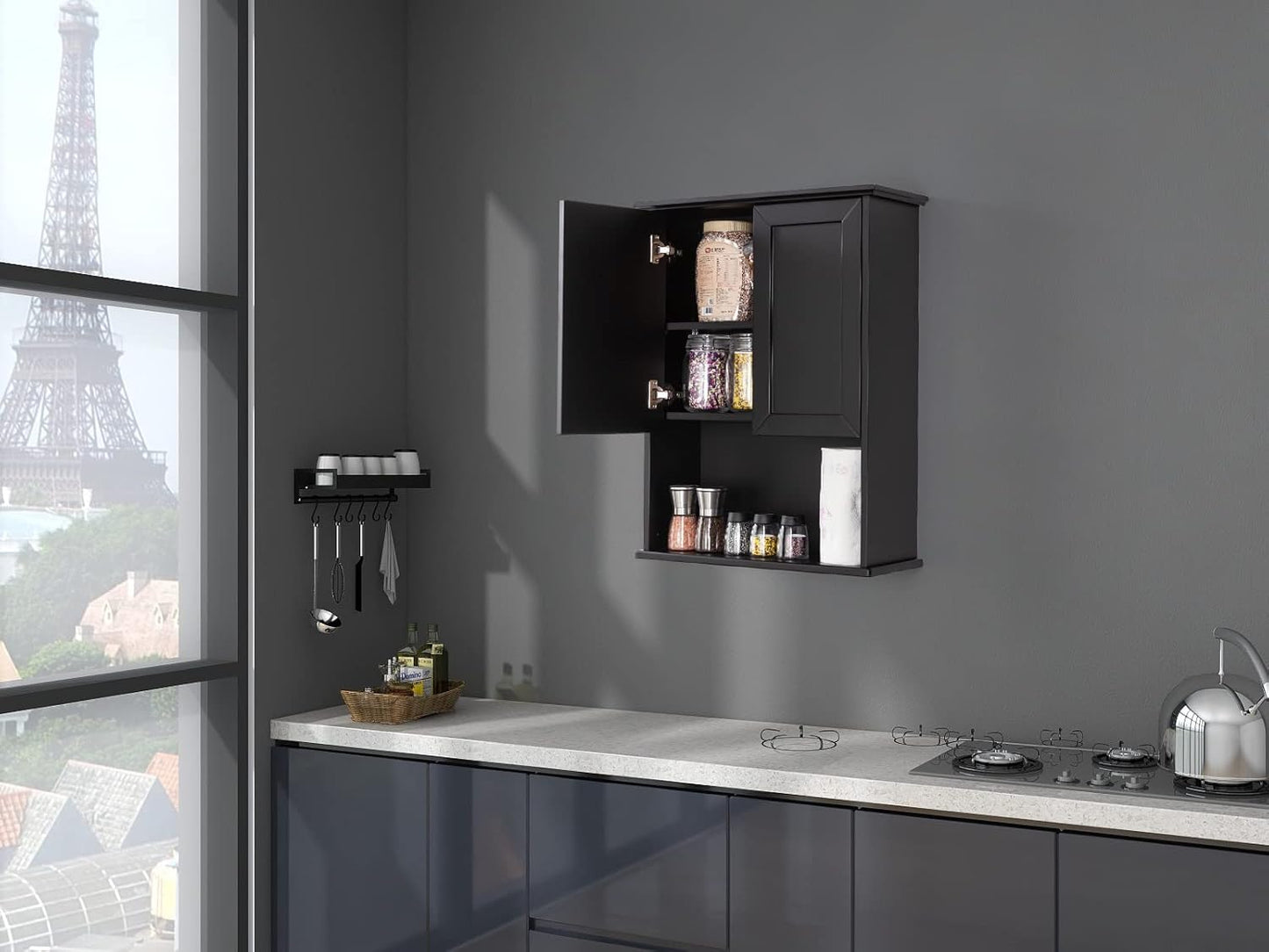 Black Bathroom Wall Cabinet 23x29 inch Wooden Bathroom Medicine Cabinet with 2 Doors and Adjustable Shelf, Wall Mounted Cabinet Over Toilet Storage Cabinet
