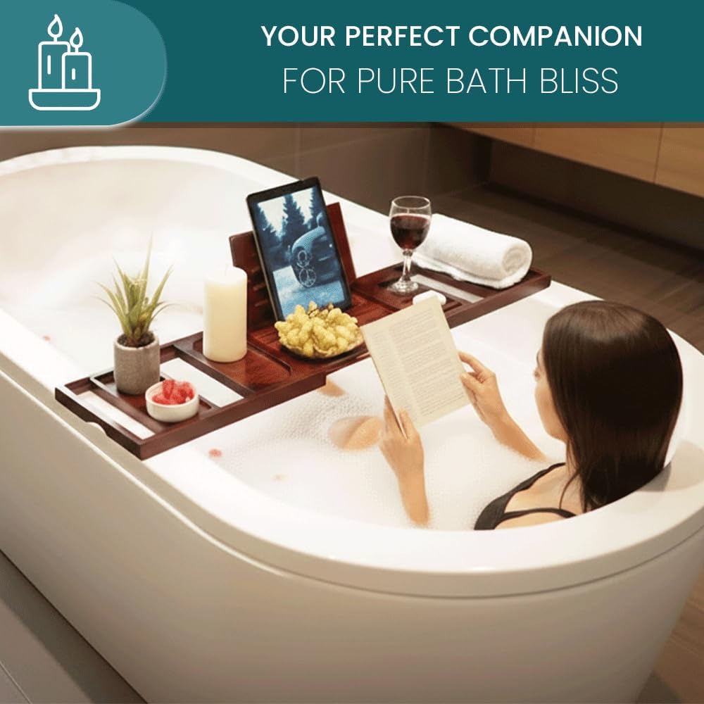 Bathtub Tray and Bath Pillow Set – Expandable Bamboo Bathtub Caddy with Phone & Wine Holder, Soft Bath Pillows for Tub & Head/Neck Support
