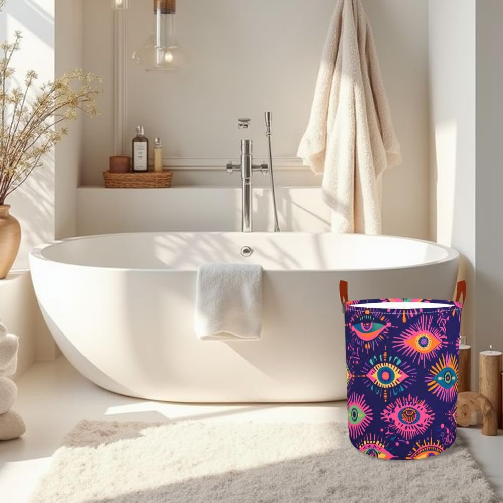 Laundry Baskets 15.7x19.7 Inch Large Colorful Eye Pattern Collapsible Laundry Hamper with Handles Oxford Fabric Clothes Storage Bin Foldable Dirty Clothes Organizer for Bedroom Bathroom Dorm