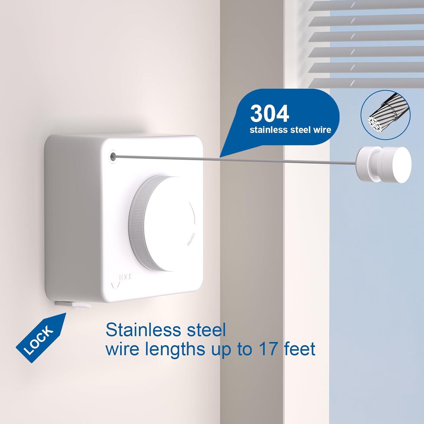 Suntree Retractable Clothesline in White - 16.4ft No-Sag Stainless Steel Cable, 5 Clips, 2 Installation Kits (No Drill/Drill), 44lb Heavy Duty Wall Mount Indoor Outdoor Laundry Drying Rack