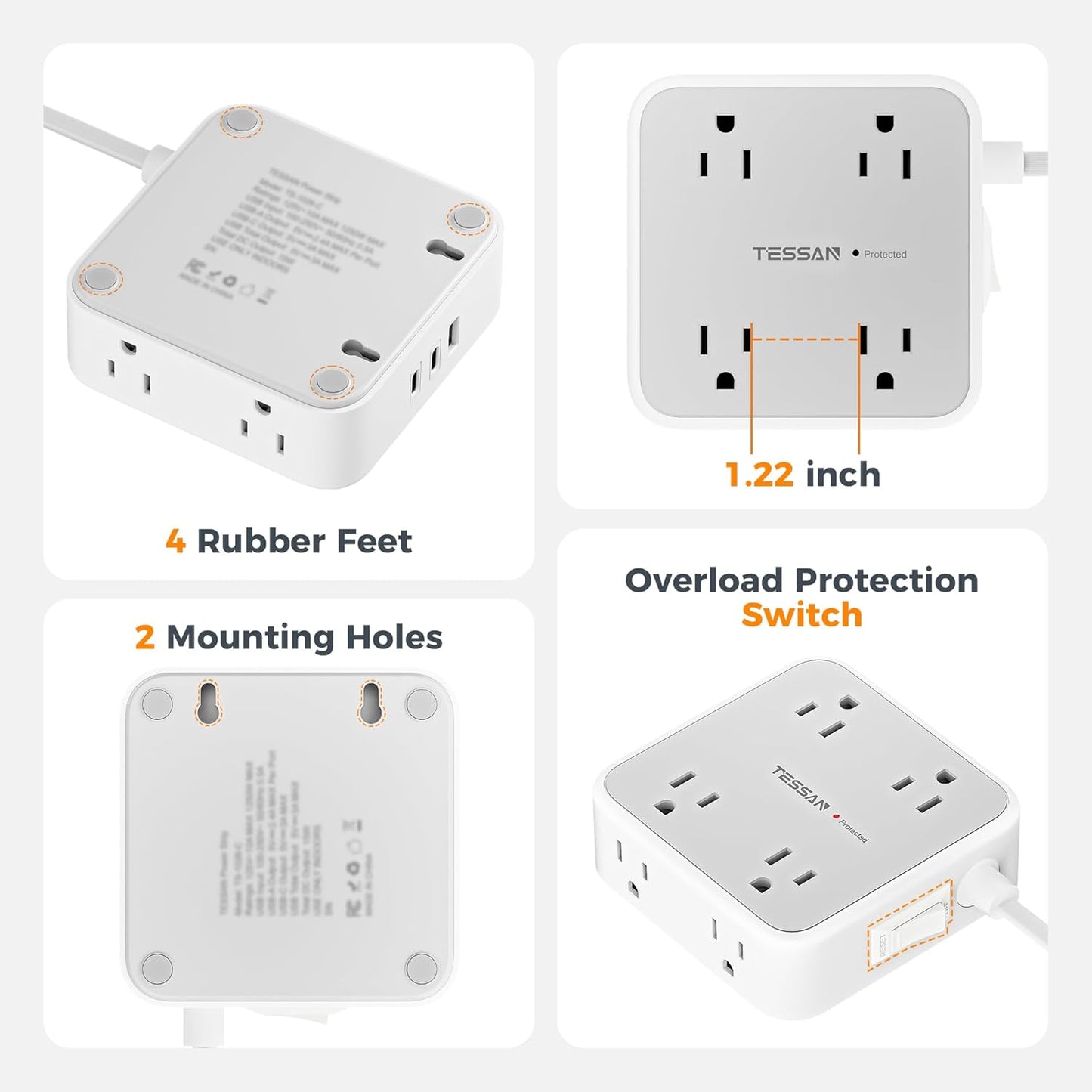 Surge Protector Power Strip, TESSAN Flat Plug Extension Cord with Multiple Outlets, 8 AC Outlets, 3 USB Ports(2 USB C), 5 Ft, 900 Joules Protection, 3-Sided Charging Station for Home Office Dorm Room