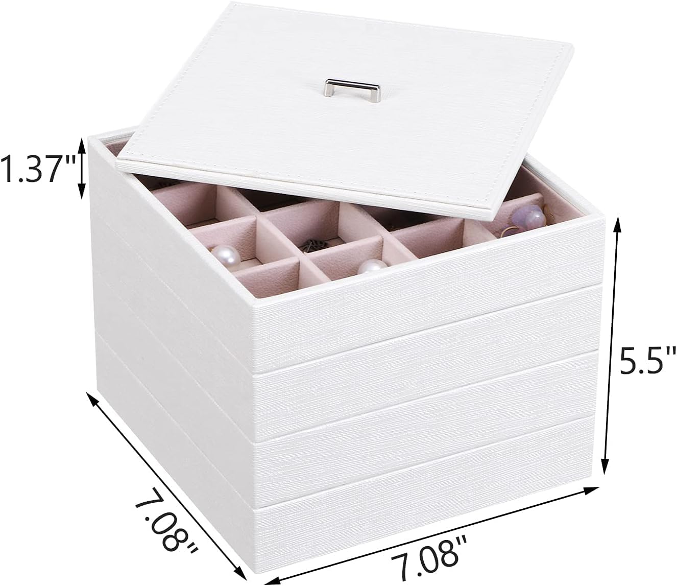 BEWISHOME Jewelry Organizer Trays Stackable Earring Storage Trays with Lid for Dresser and Drawer 32 Slots for Rings, Earrings, Necklaces, Bracelets and Watches Set of 4 White SSH81W