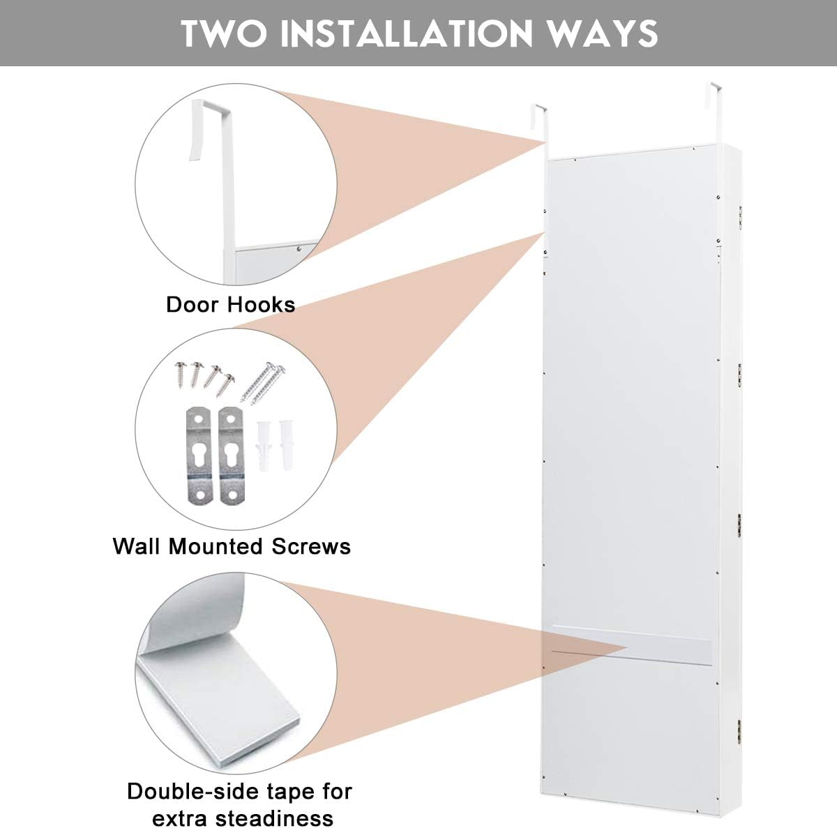 Giantex Jewelry Armoire with Full Length Mirror, Wall and Door Mounted Jewelry Cabinet Organizer with Magnetic Door, Large Storage for Earrings, Rings, Necklaces & Accessories, White