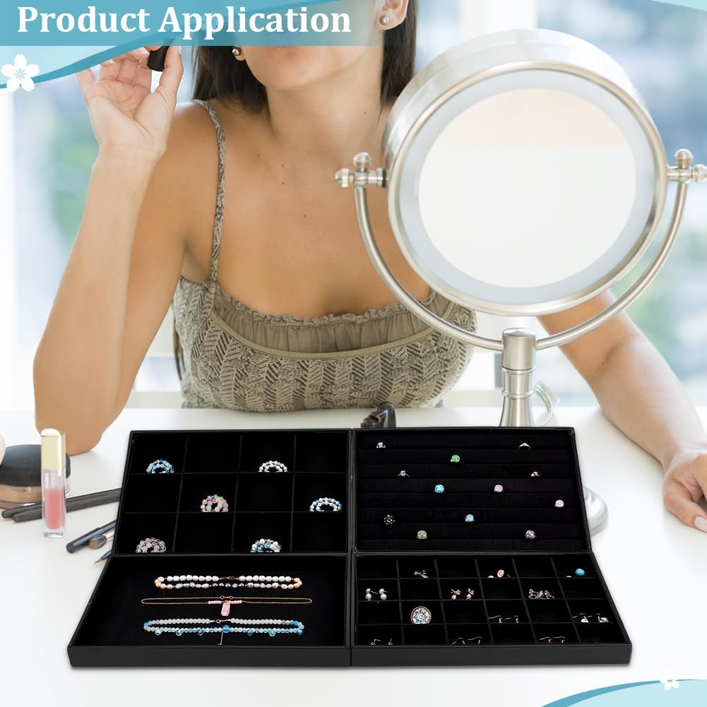 PH PandaHall Black Jewelry Tray 4 Pack Jewelry Organizer Tray Rectangle Display Trays Stackable Storage Case for Earrings Rings Necklaces Dresser Drawer Vendor Display Christmas Decor, 13.7x9.4inch
