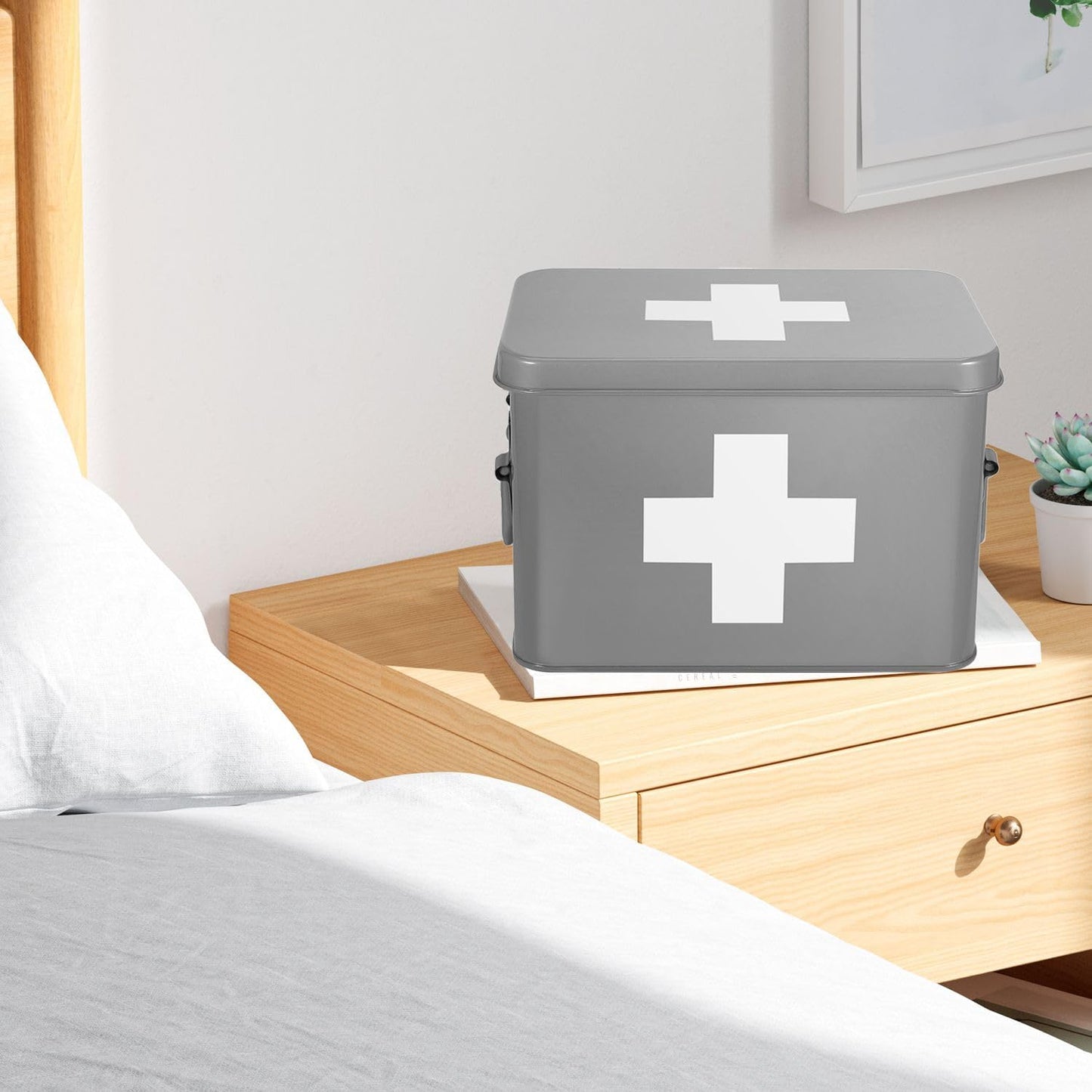 Flexzion Medicine Box, Home Pharmacy Box, 33 x 21 x 19 cm, Metal Medication Storage Box for Emergency, First Aid Cabinet, with Side Handles, Removable Tray & 5 Compartments, Grey