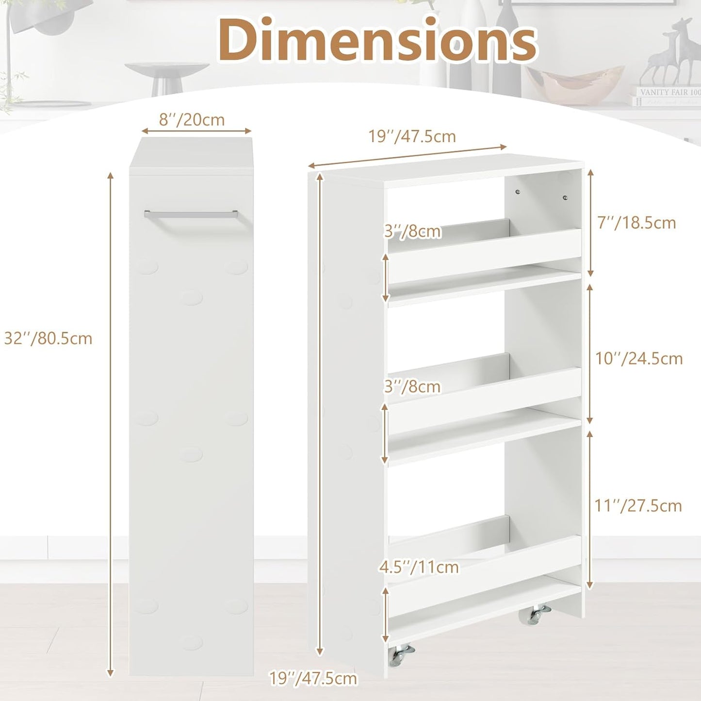 Slim Rolling Storage Cart, 4 Tier Narrow Kitchen Cart with Wheels, Between Washer and Dryer Cart, Wood Shelving Unit Organizer w/Handle for Small Spaces (White, 8-Inch)