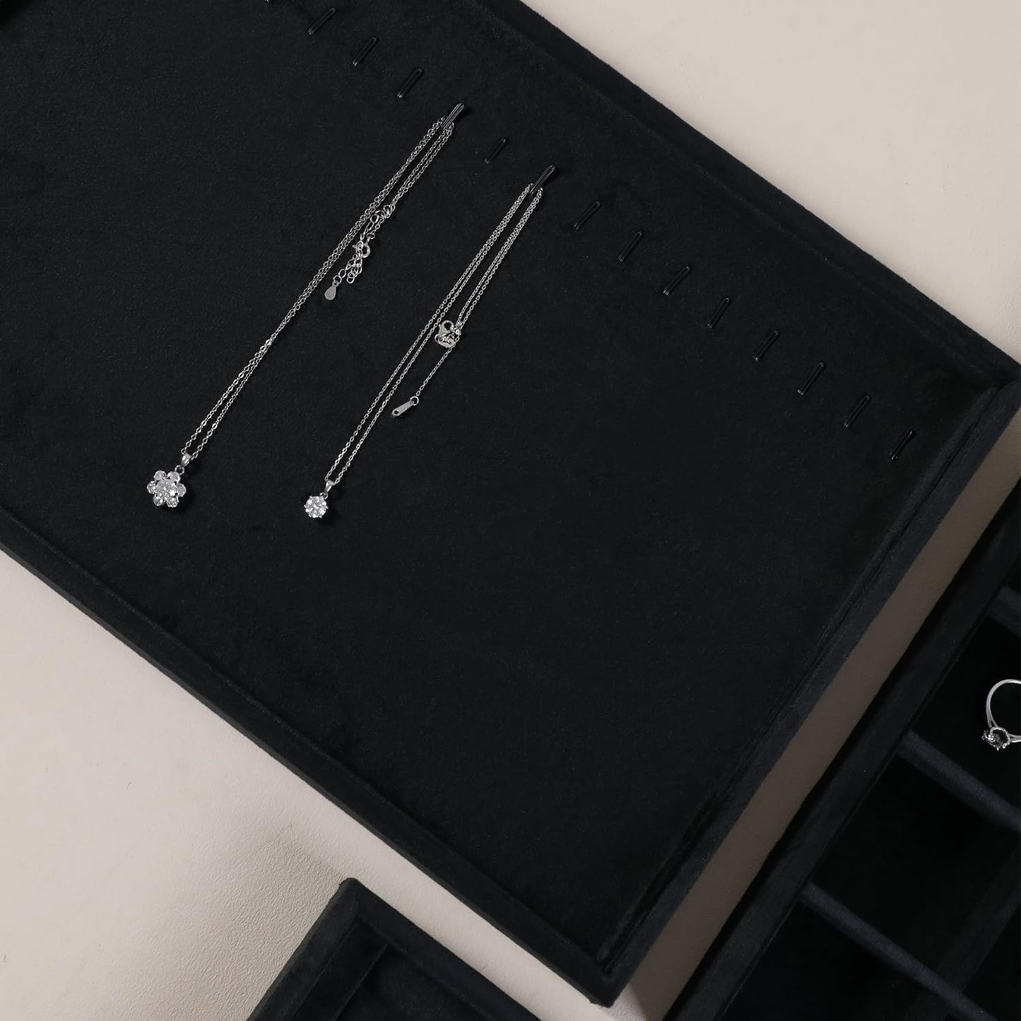 Velvet Jewelry Display Tray For Bracelet Pendant Necklace, Multi-Slot Stackable Storage Tray For Long Chain Jewelries, Drawer Insert Jewelry Organizer (Black)