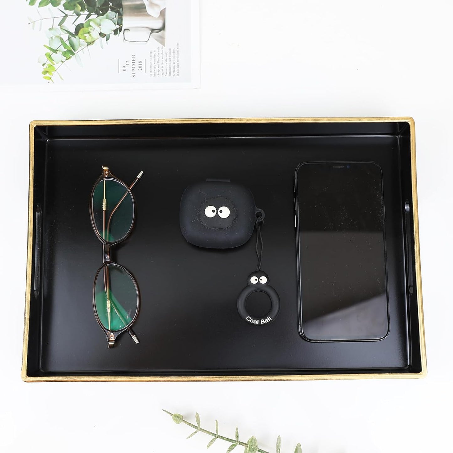Spsyrine Black Bathroom Vanity Tray with Handles for Dresser Tops, Countertop, Perfume Decorative Tray, 11.8” * 7.87” *1.37”