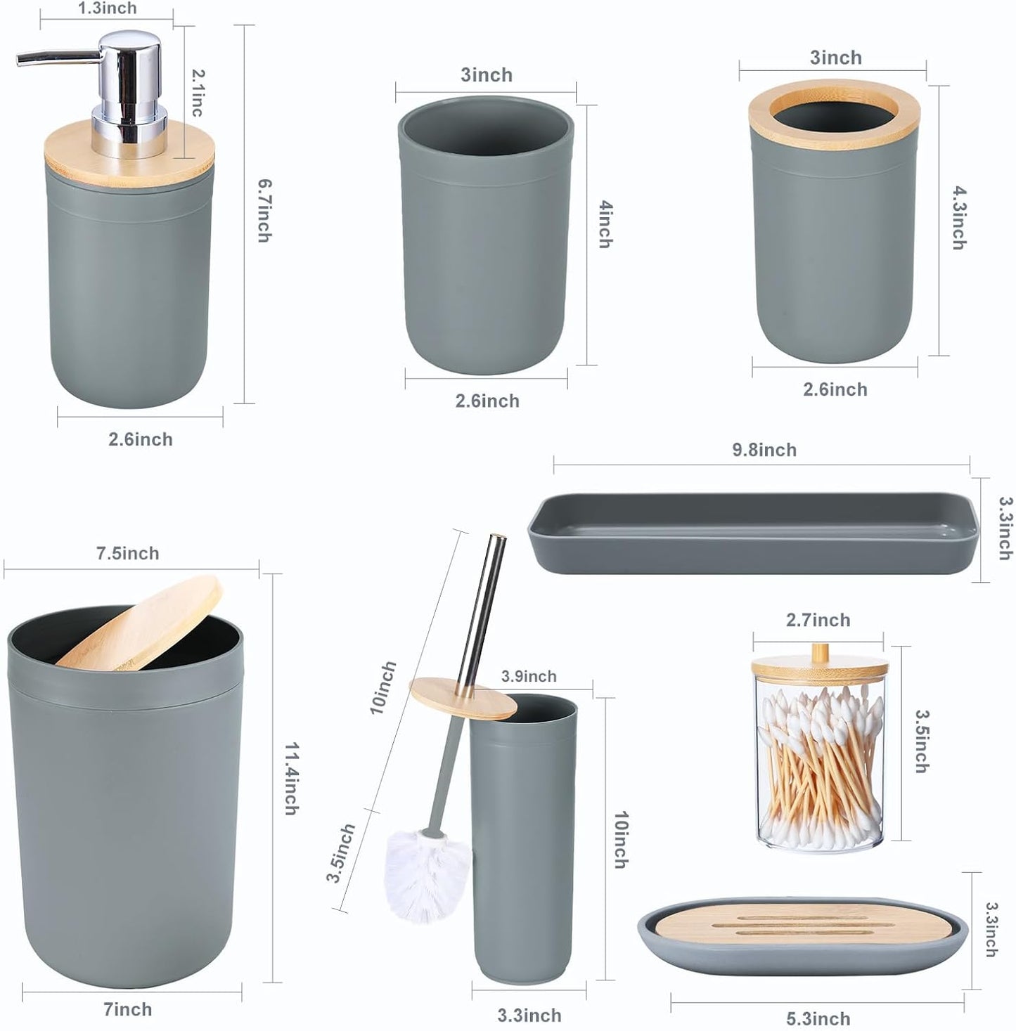 iMucci 9Pcs Grey Bathroom Accessories Set with Trash Can,Toilet Brush,Toothbrush Holder, Lotion Soap Dispenser, Soap Dish,Toothbrush Cup,Vanity Tray,Qtip Holder