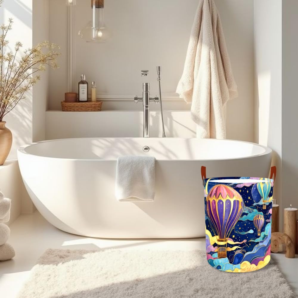Laundry Baskets 15.7x19.7 Inch Large Hot Air Balloon Night Sky Design Collapsible Laundry Hamper with Handles Oxford Fabric Clothes Storage Bin Foldable Dirty Clothes for Bedroom Bathroom Dorm