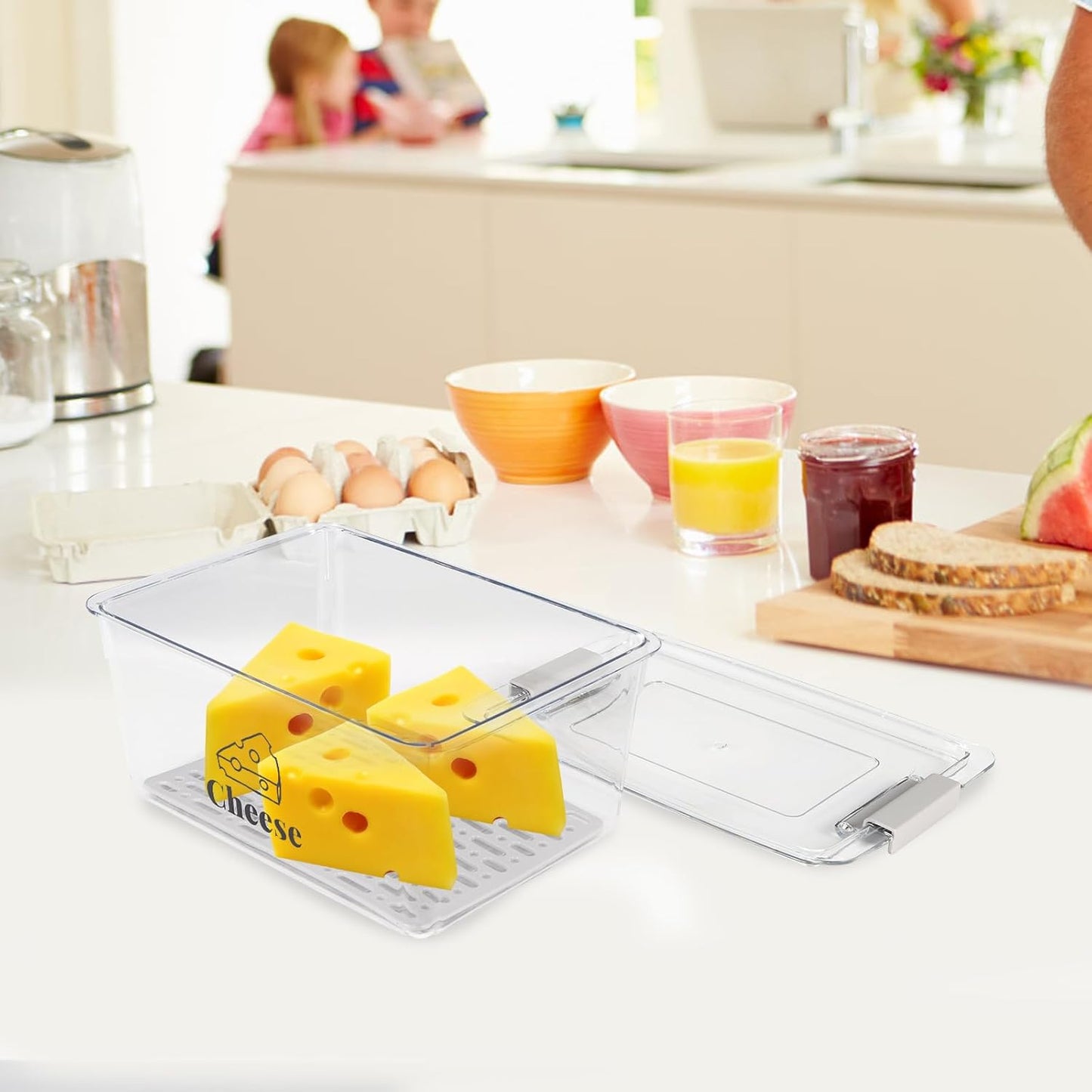 Cheese Container Airtight with Draining Basket Cream Cheese Sliced Cheeses Box with Lid Saver for Fridge Cheeses Keeper Cream Block Shredded Storage Box Saver (Clear - 2 Pack)