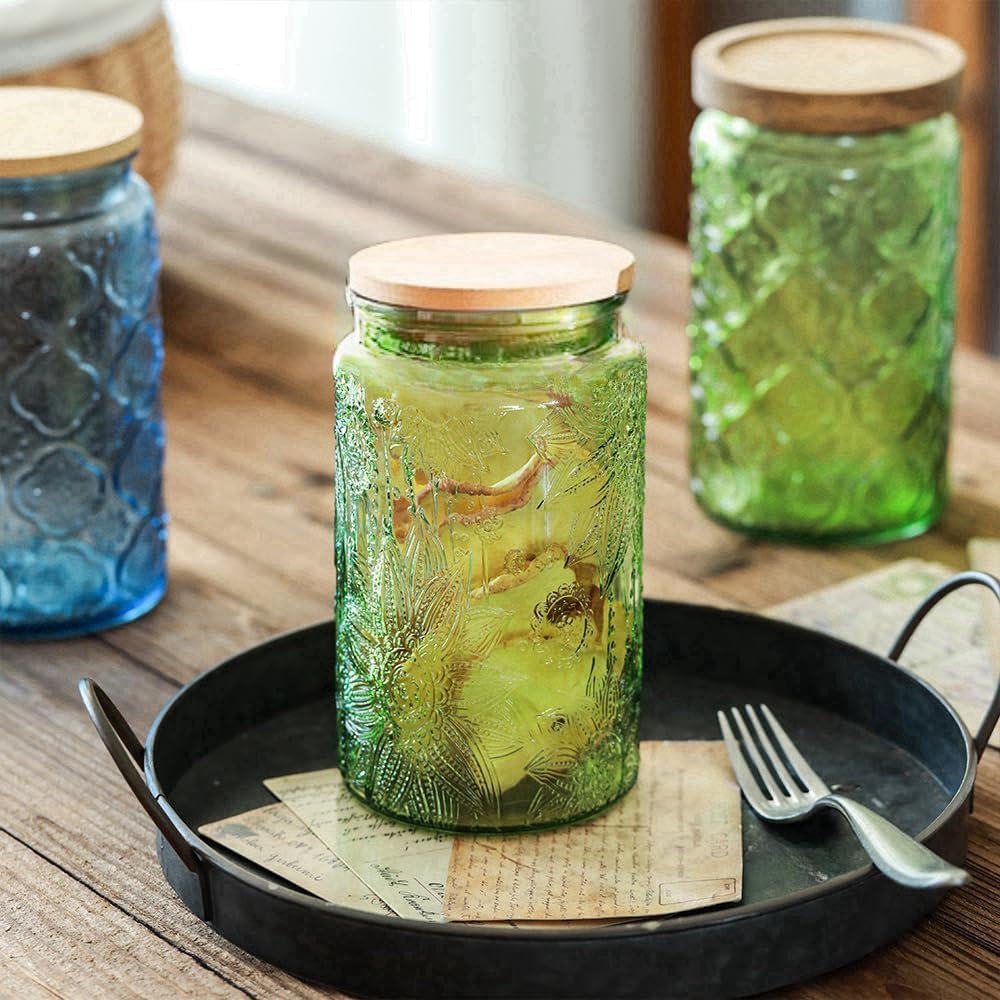 ANSQU Blue Glass Jars, 34oz Vintage Glass Kitchen Storage Counter Jar, Candy Jars with Lids, Decorative Mason Jars Hold Coffee Beans, Tea, Cookie, Sugar, Bath Salts (Blue, 2 Pack)
