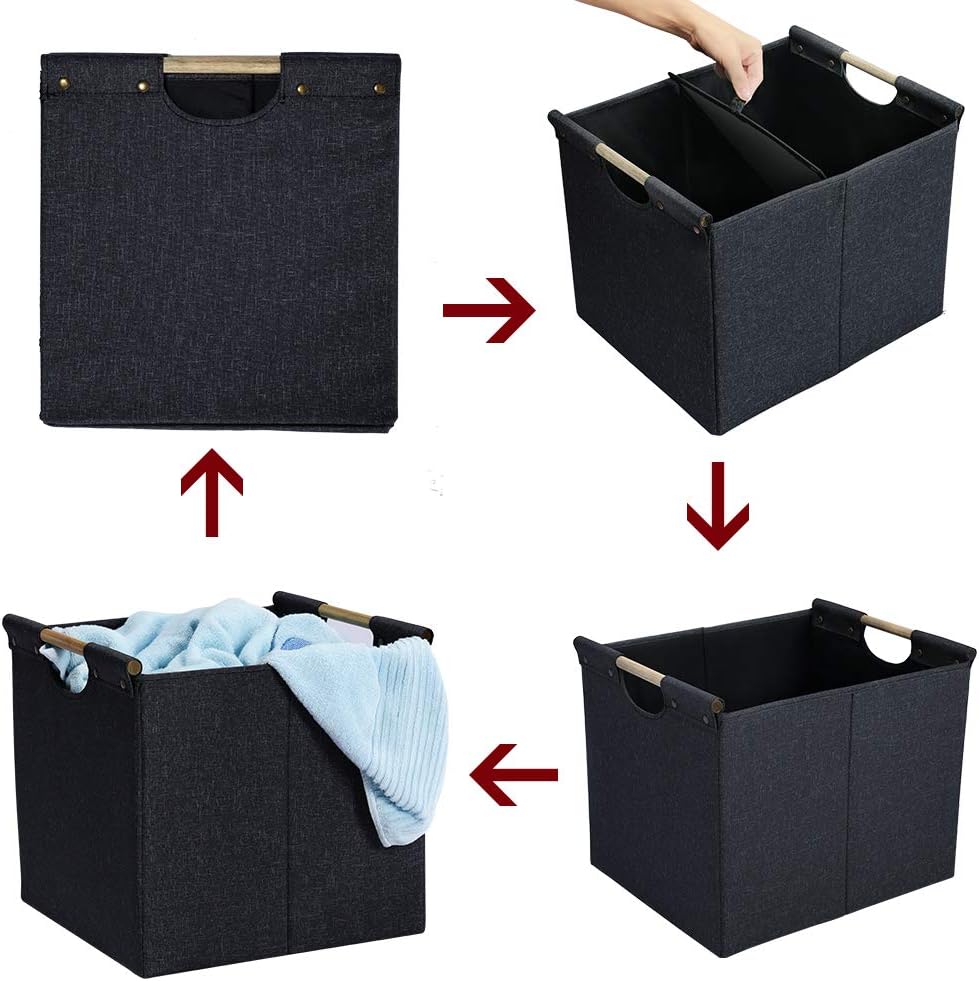 HOONEX Large Collapsible Storage Bins, Linen Fabric, 2 Pack, Storage Baskets with Wooden Carry Handles and Sturdy Heavy Cardboard, for Home, Office, Car, Nursery, Dark Grey