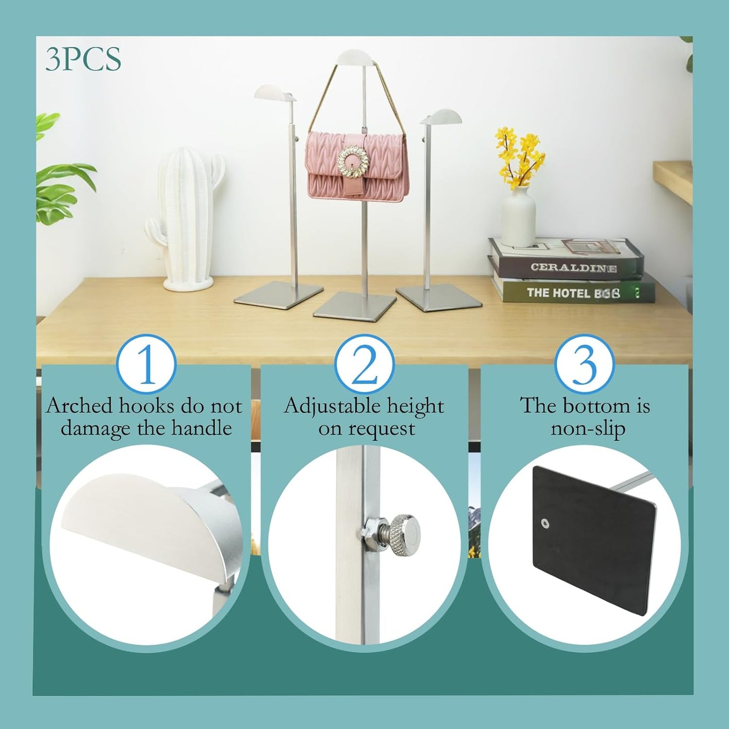 Purse Display Stand 3PCS More Thickened Base Handbag Rack for Bag Organizer Stainless Steel Adjustable Height Home Store Boutique Counter Vendors