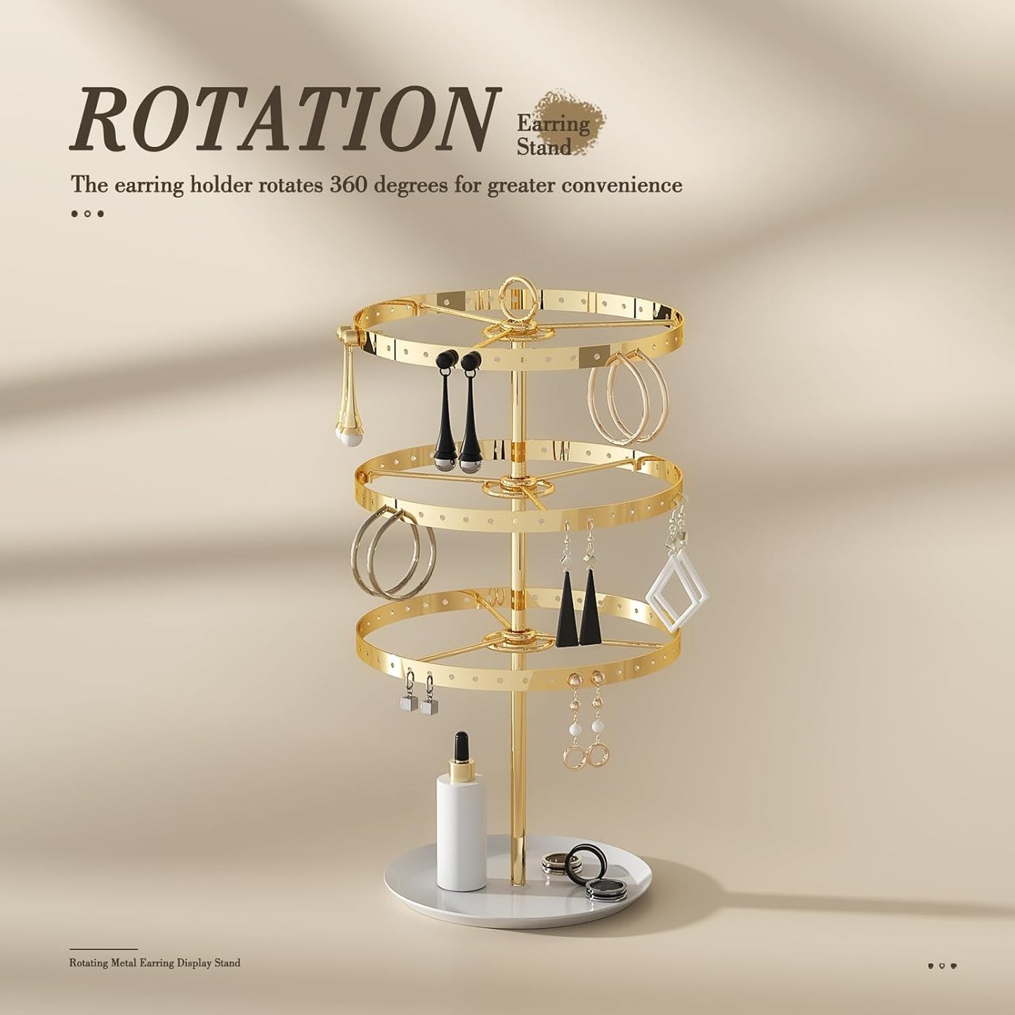3 Tiers Earring Holder Organizer, Metal Rotating Earring Stand Adjustable Display Tree, 126 Holes Carousel Rack for Stud Hoop Pierced Dangling Women, Perfect View for All Earrings (Gold)