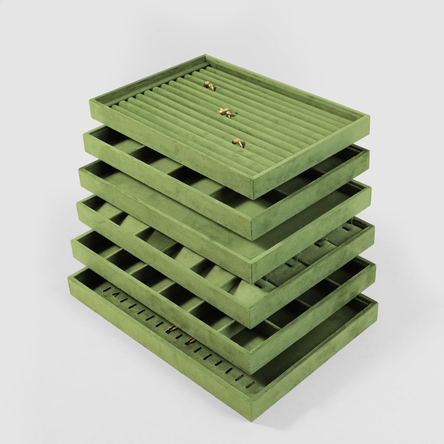 Velvet Stackable Jewelry Display Flat Tray For Ring Earring Necklace Bracelet, Bangle Pendant Storage Blank Plate, Shop Countertop Jewelry Dish Organizer (Olive Green)
