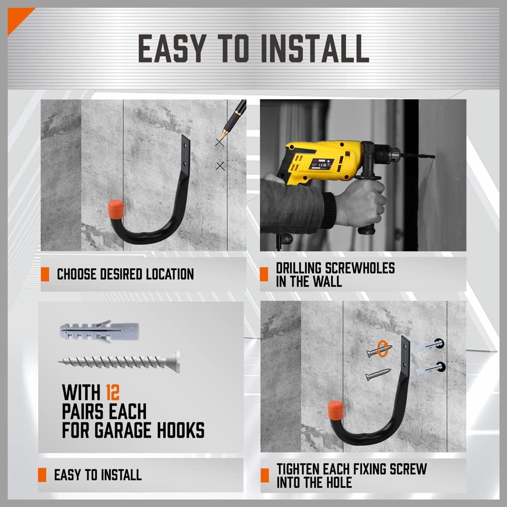 HORUSDY 6-Pack Heavy Duty Metal Wall Hooks, Large Garage Storage & Organization Hooks for Tools, Extension Cords, Ladders, and Bags, Wall Mount J Hooks for Indoor Outdoor Use, Black